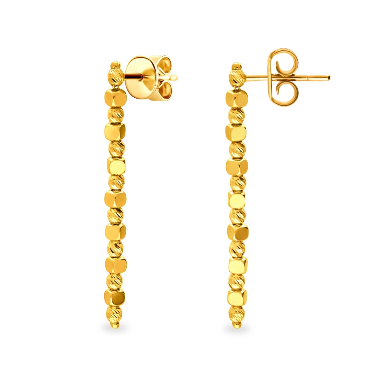 Kolczyki wiszące na sztyft, kuleczki i kostka, żółte złoto