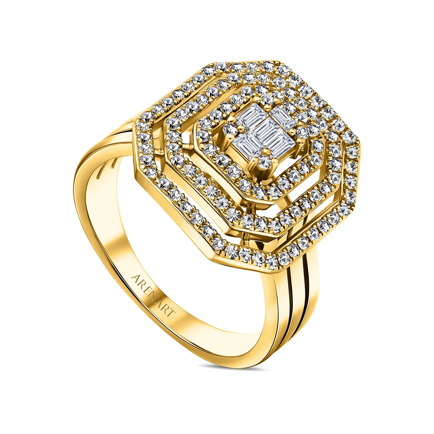 Geometryczny złoty pierścionek z diamentami, żółte złoto 585, model R81598-Y