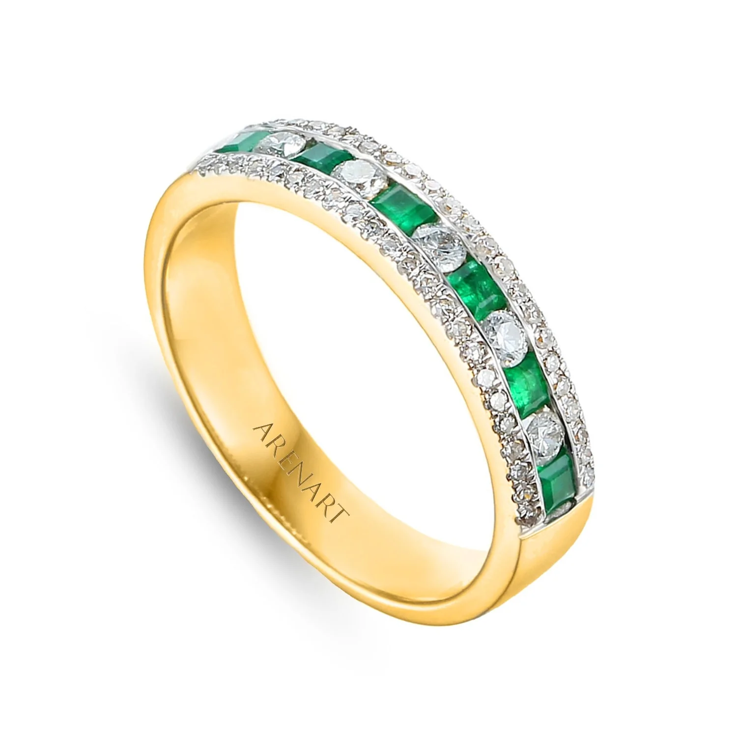 Pierścionek z diamentami i szmaragdami, żółte złoto