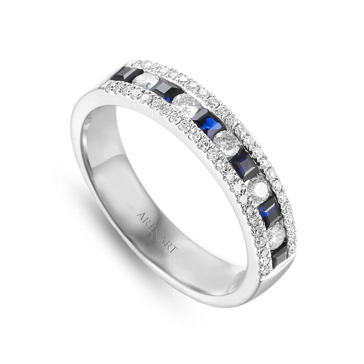 Pierścionek z diamentami I szafirami, białe złoto