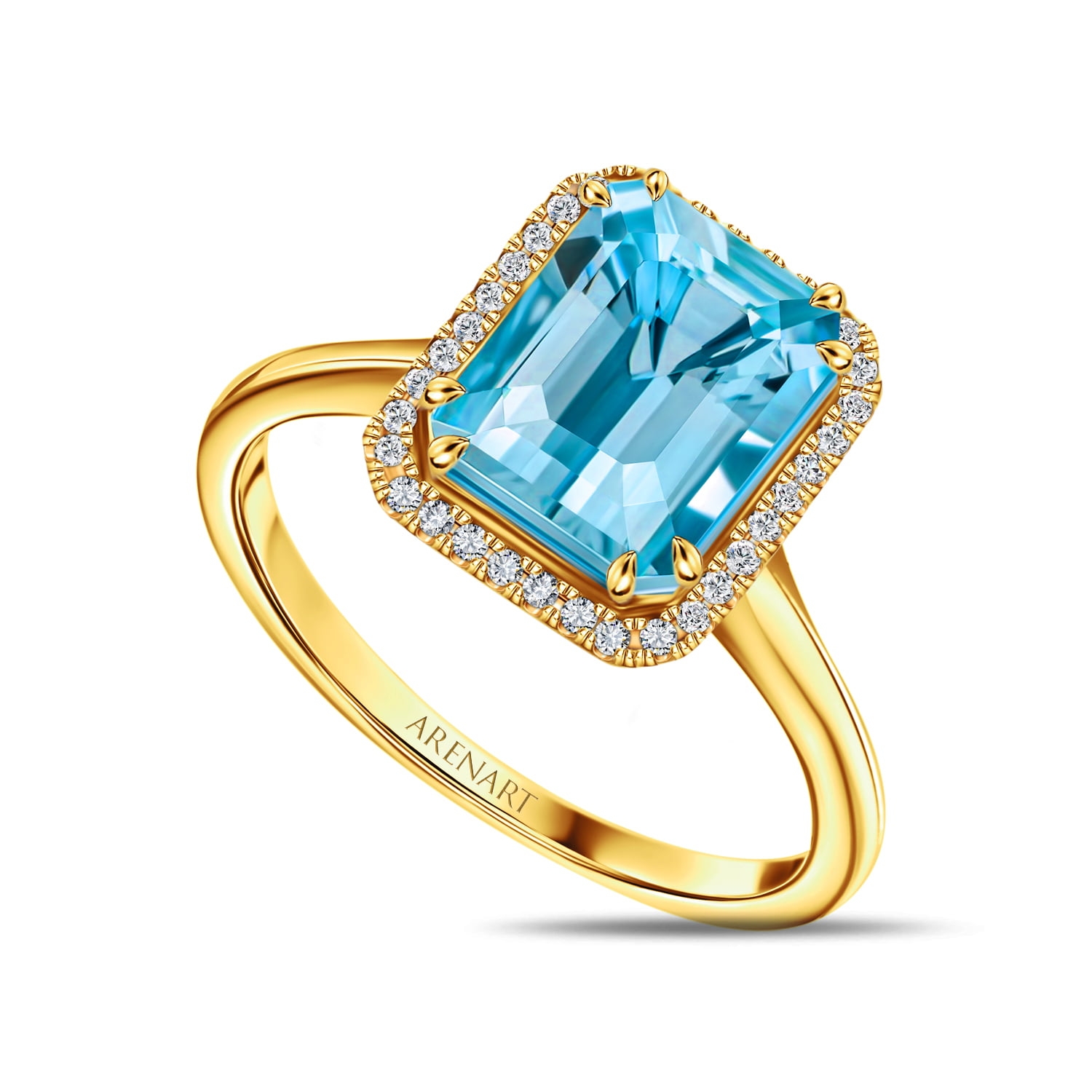 Pierścionek z diamentami i niebieskim topazem, żółte złoto