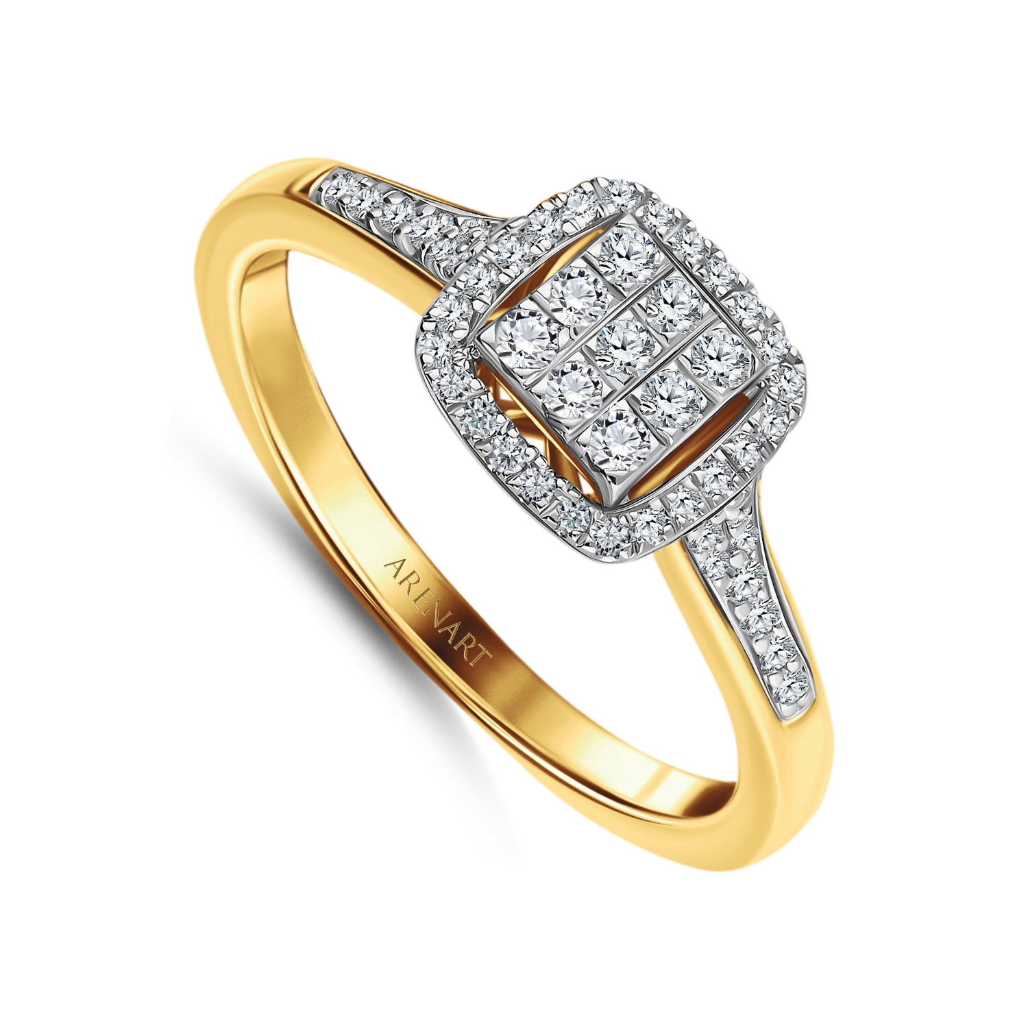 Zaręczynowy pierścionek z diamentami 0,25ct, żółte złoto 585, korona w kwadratowym kształcie