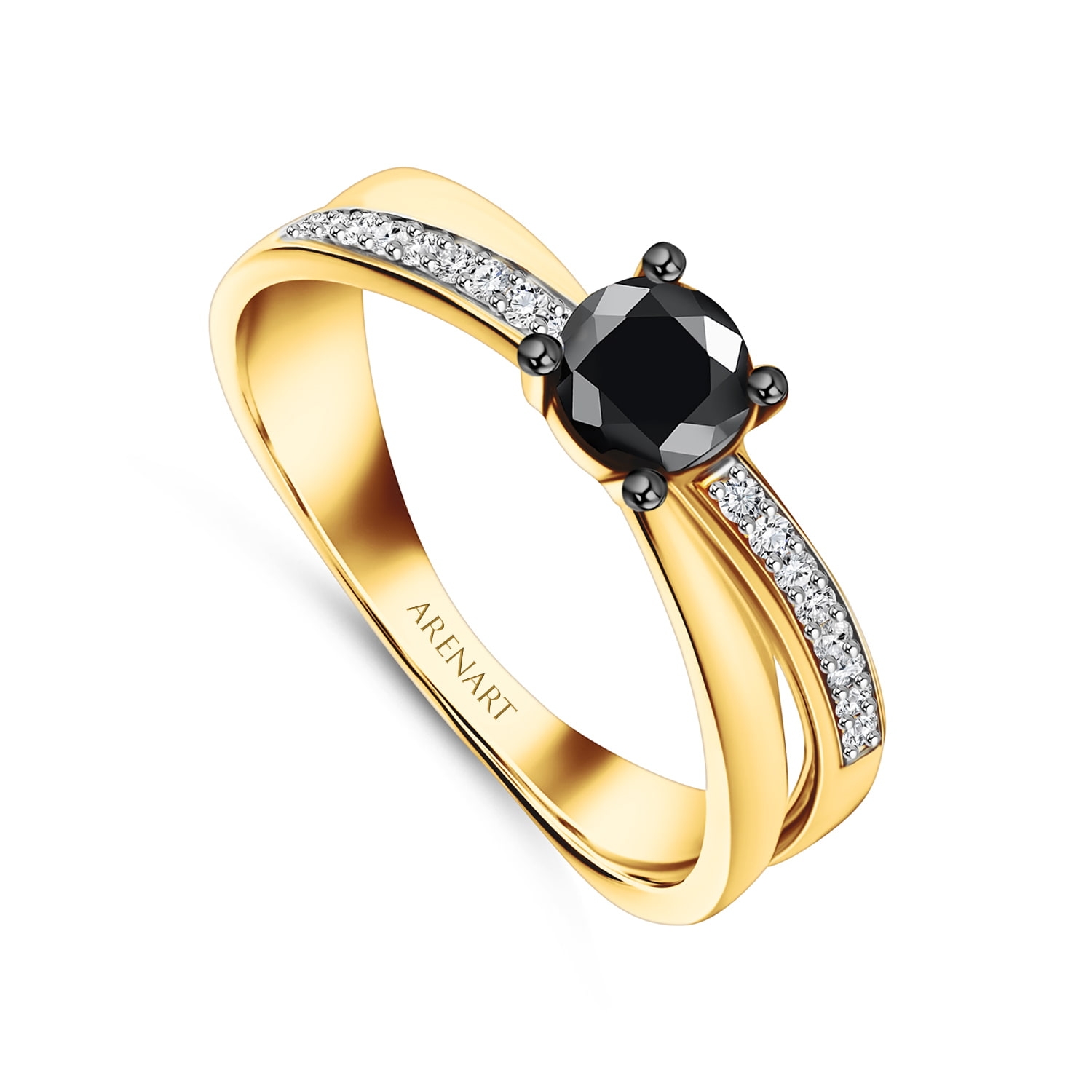 Pierścionek z czarnym diamentem 0,59ct, diamenty żółte złoto 585