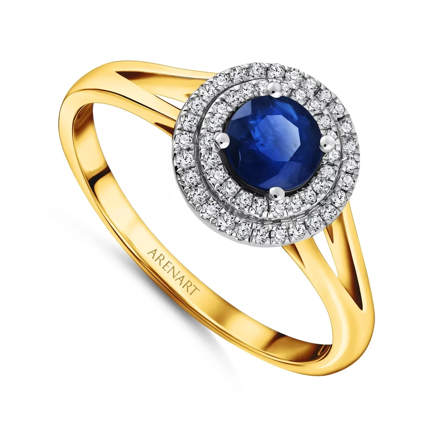 Pierścionek z szafirem i diamentami 0,14ct, żółte złoto 585