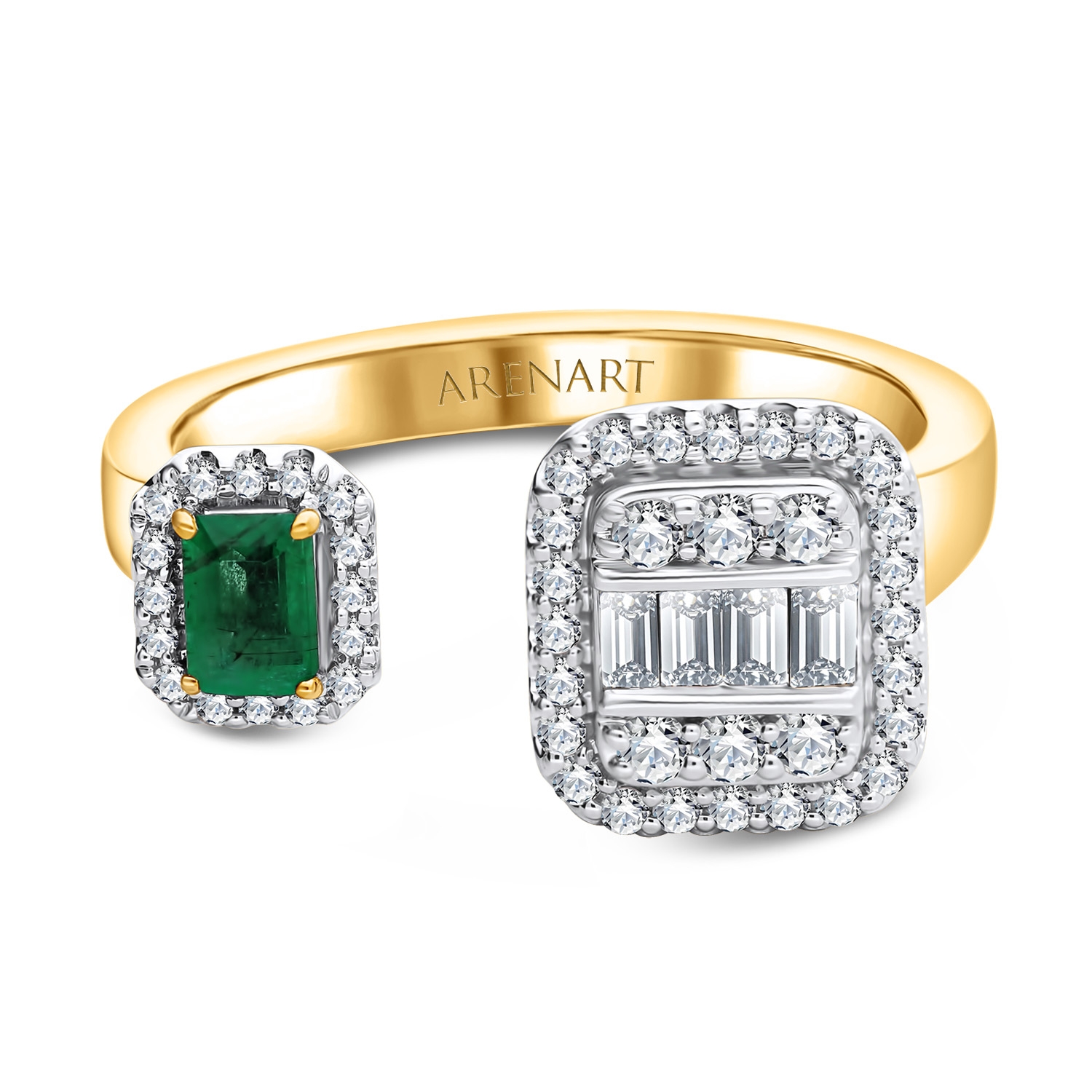 Pierścionek open, żółte złoto 585, diamenty i szmaragd Pierścionek open, żółte złoto 585, diamenty i szmaragd