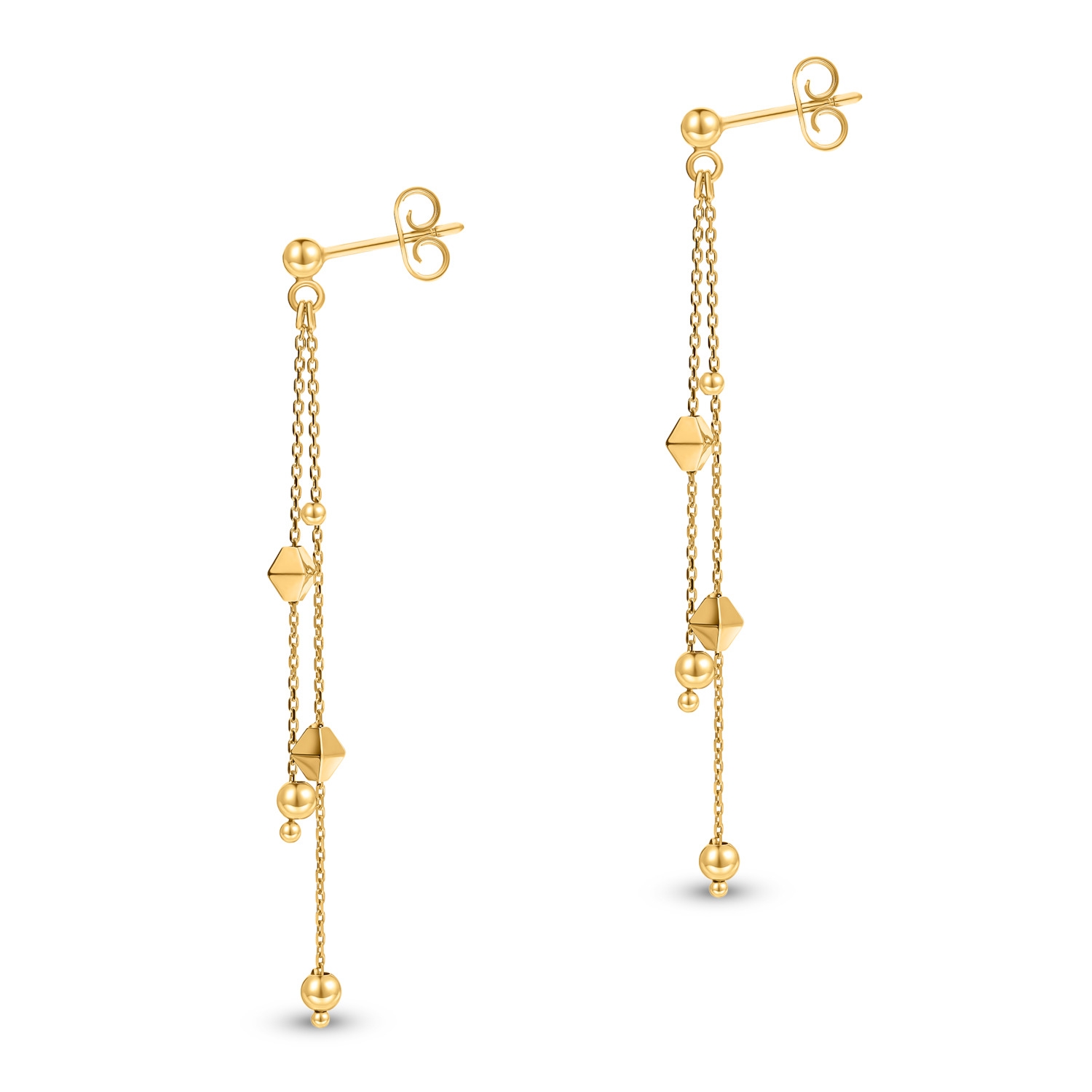 Kolczyki z kuleczkami i geometrycznymi rombami, żółte złoto 585, na sztyft Kolczyki z kuleczkami i geometrycznymi rombami, żółte złoto 585, na sztyft