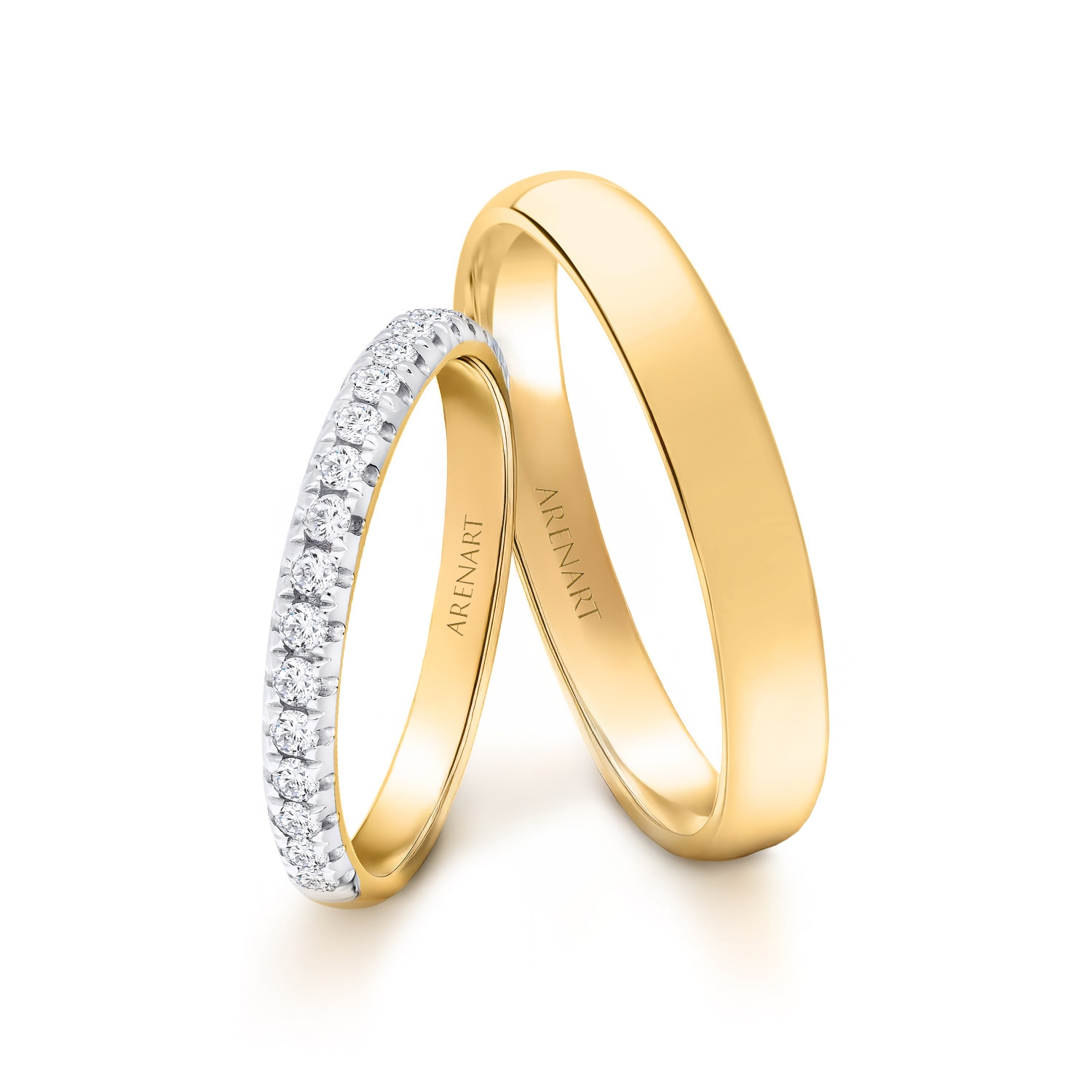 Obrączki ślubne, żółte złoto 585, diamenty, 2,5 mm i 3 mm