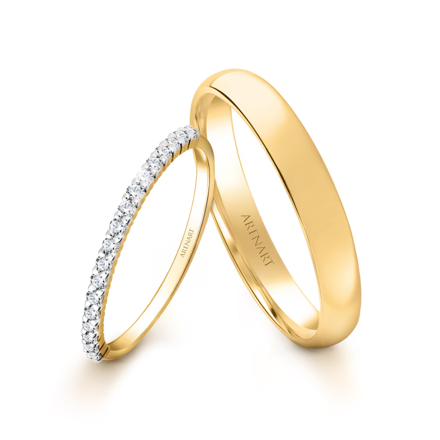 Obrączki ślubne, żółte złoto 585, diamenty w damskiej obrączce, 1,5 mm i 3 mm