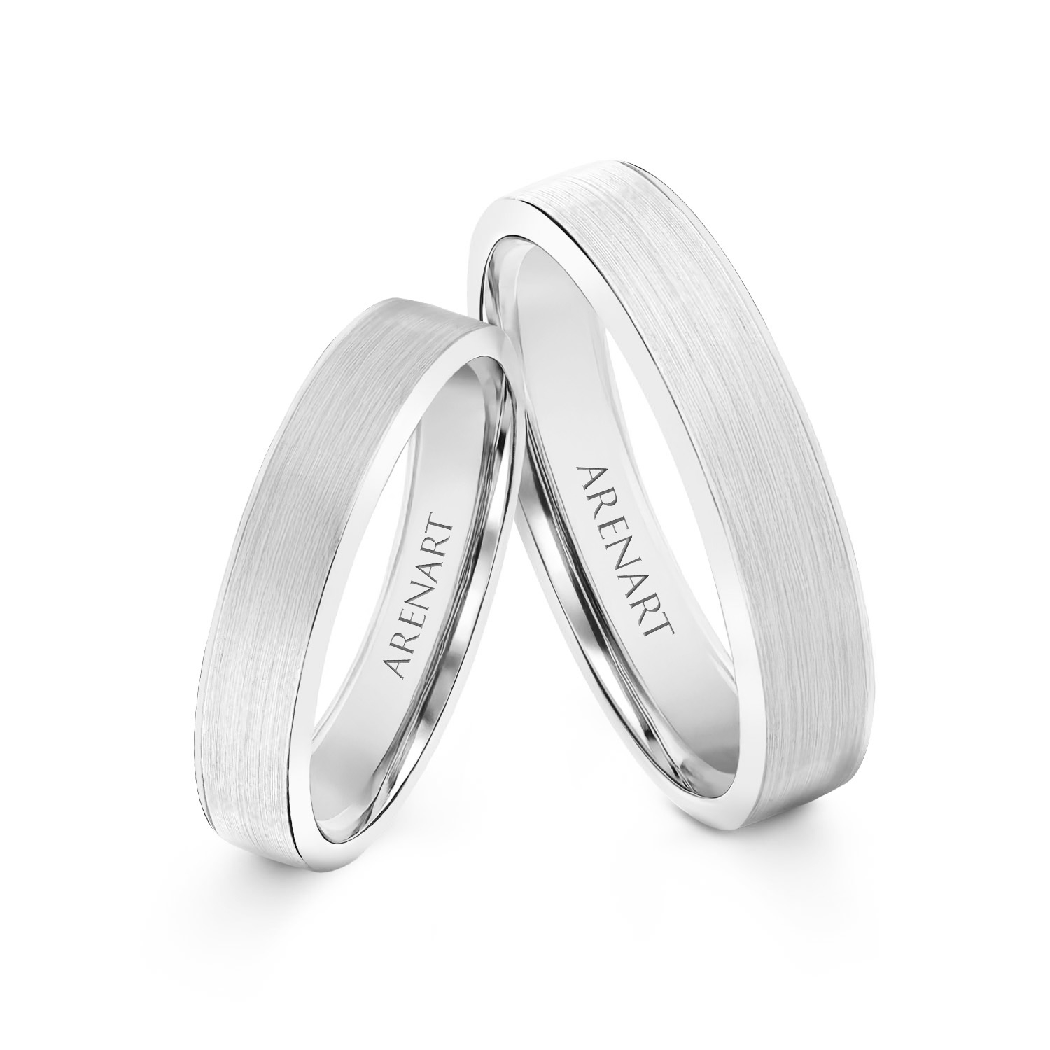 Obrączki ślubne, białe złoto, trapezowe, mat satyna prosta, 4 mm
