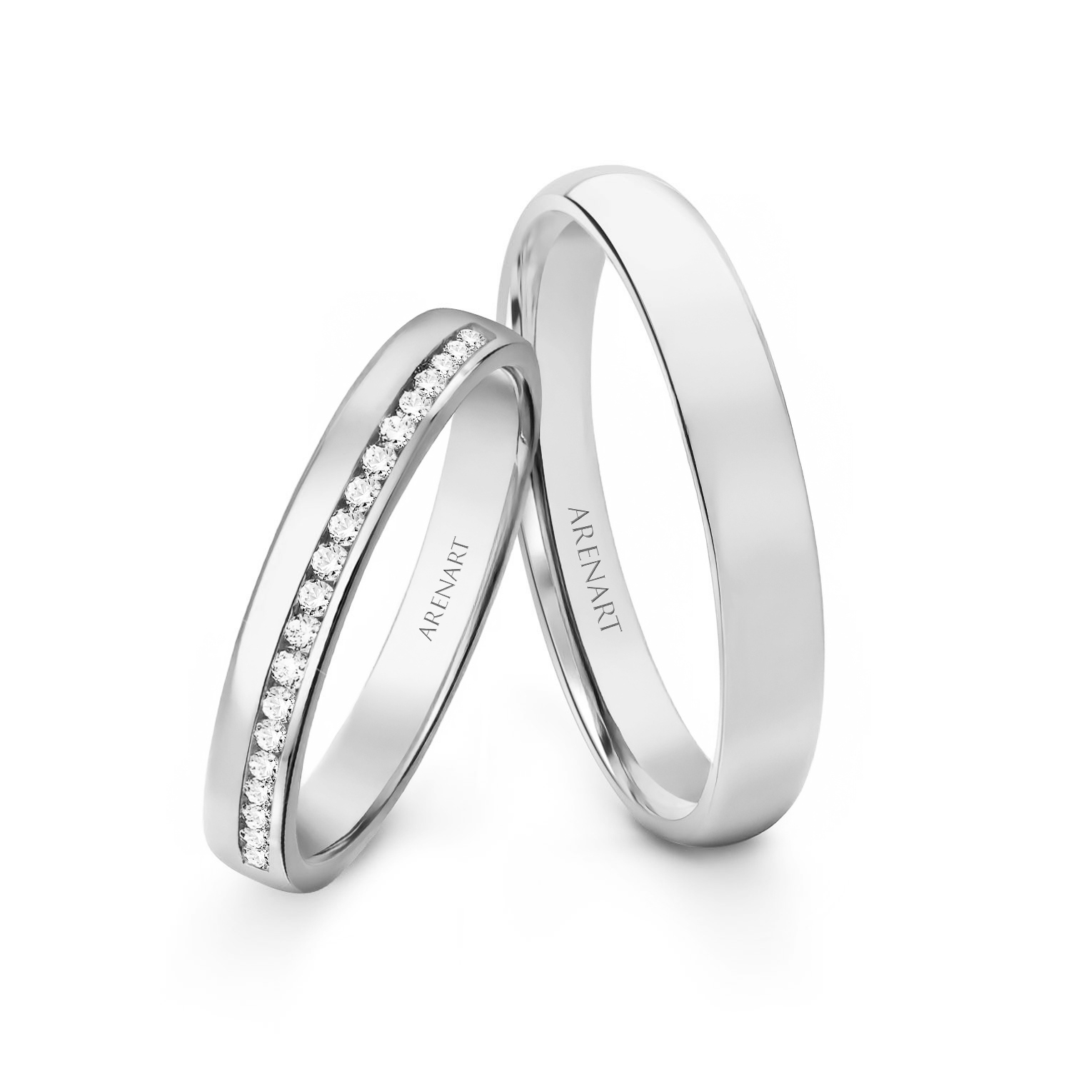 Obrączki ślubne, białe złoto 585, 3 mm, diamenty w damskiej obrączce