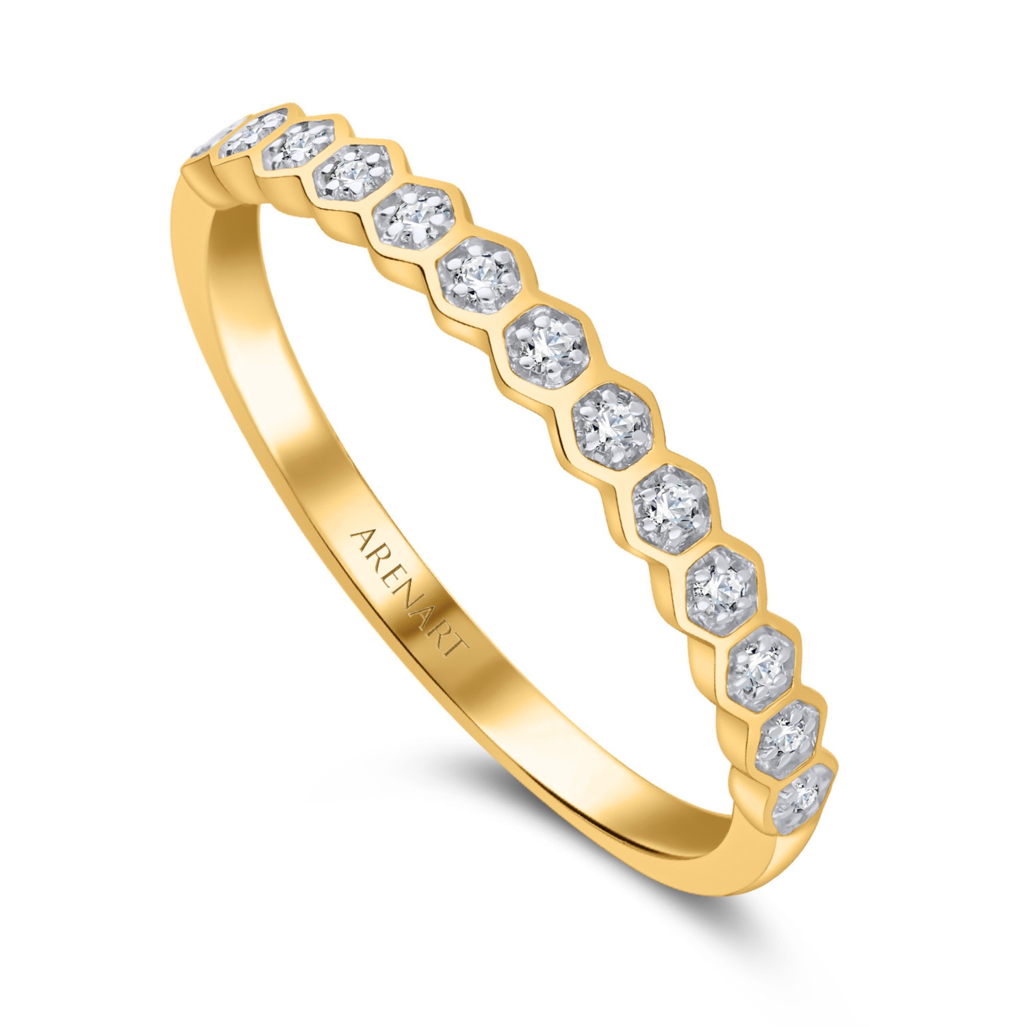 Nowoczesny obrączkowy pierścionek z diamentami 0,08ct, żółte złoto 585