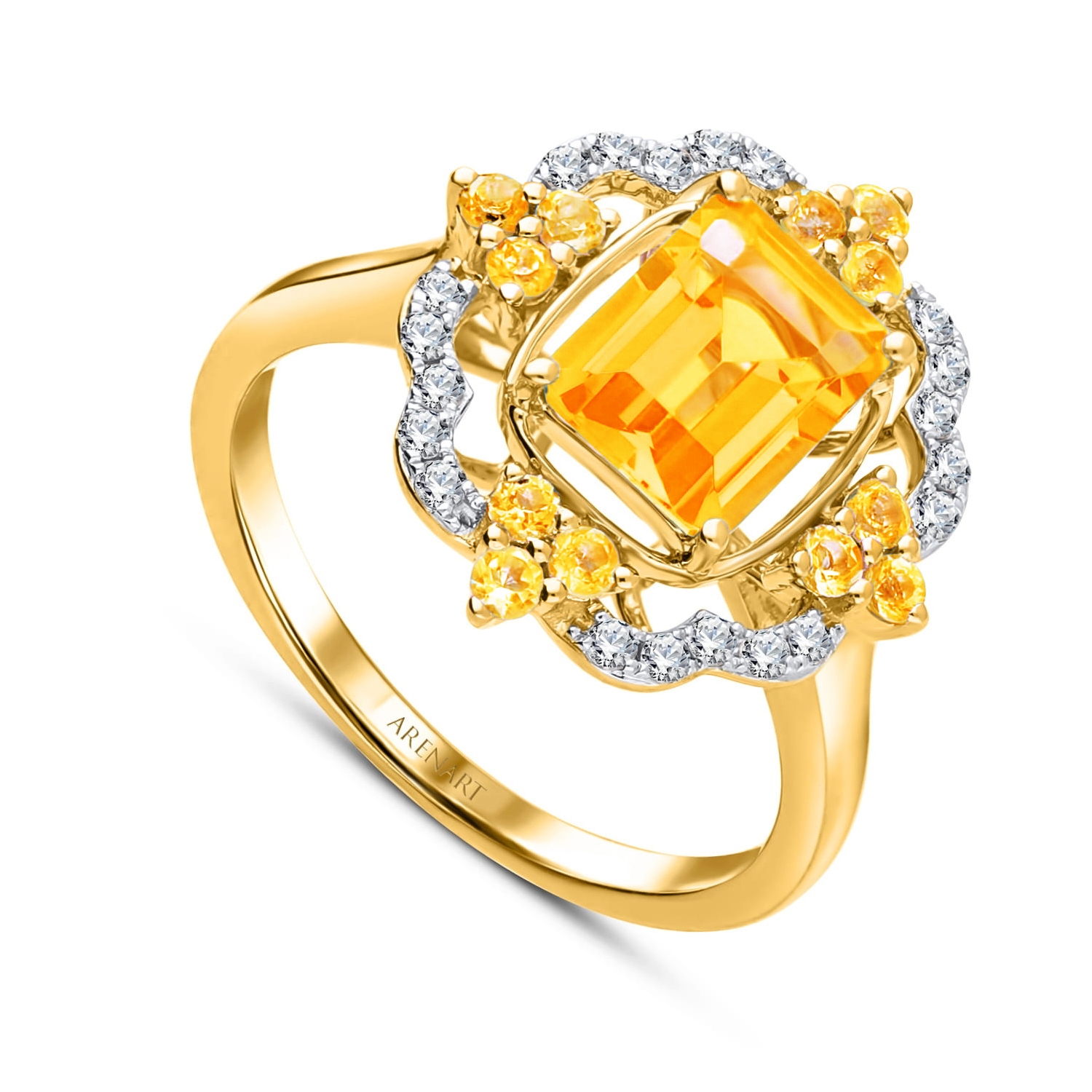 Elegancki pierścionek z diamentami i cytrynami, żółte złoto próby 585