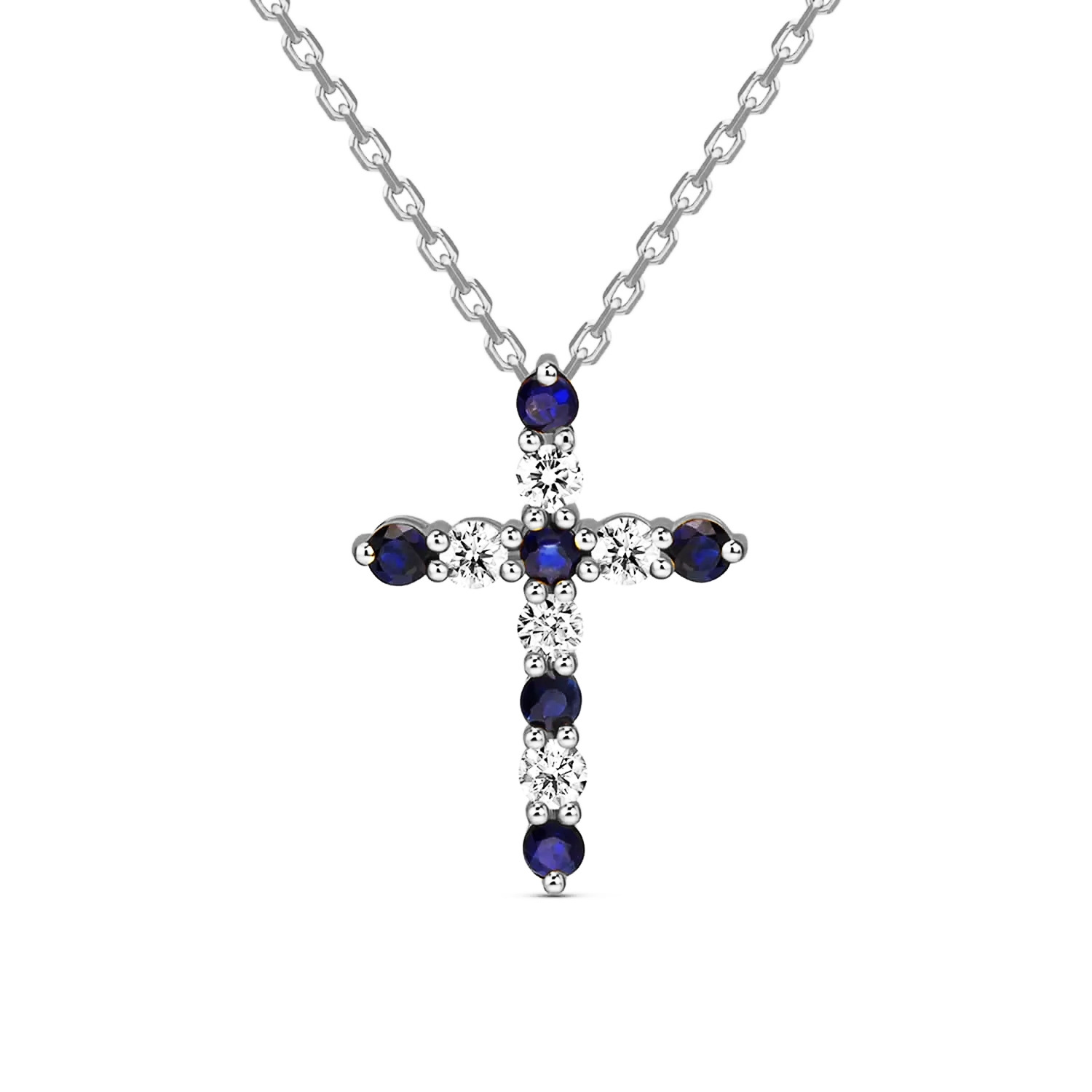 Naszyjnik z diamentami i szafirami, białe złoto - krzyżyk N02117-W-S