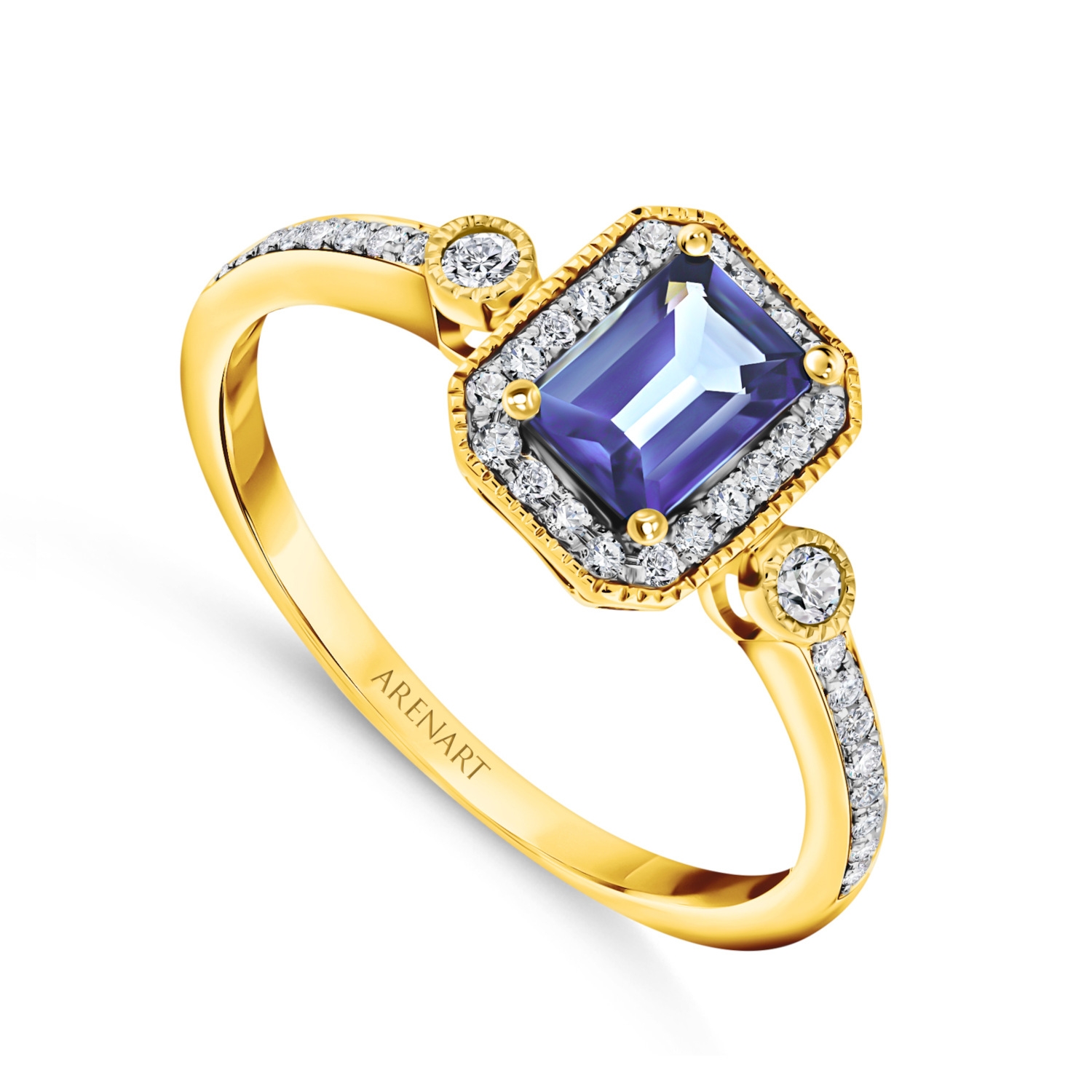 Złoty pierścionek z tanzanitem i diamentami model R03306-Y-T