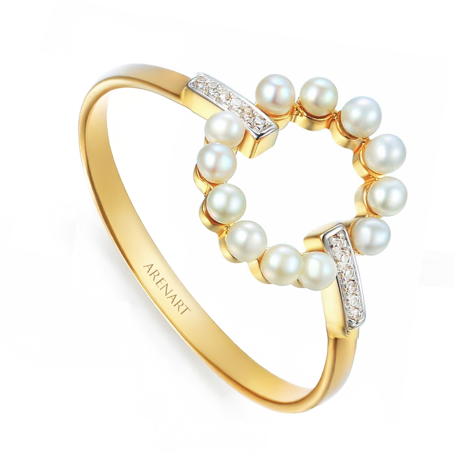 Pierścionek koło z diamentami i perłami, żółte złoto 585