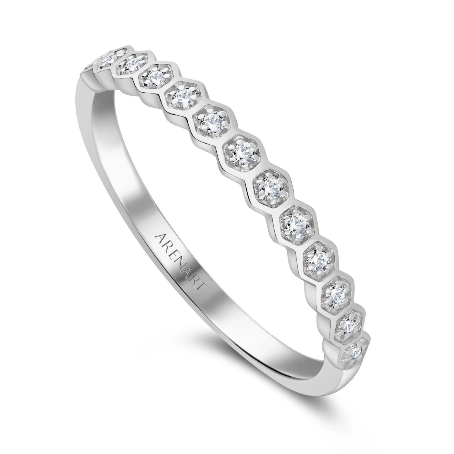 Nowoczesny obrączkowy pierścionek z diamentami 0,08ct, białe złoto 585