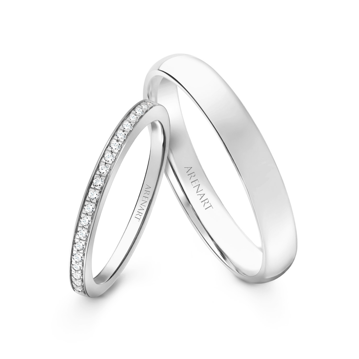 Obrączki ślubne, białe złoto 585, diamenty, komplet 1,8 mm i 3 mm