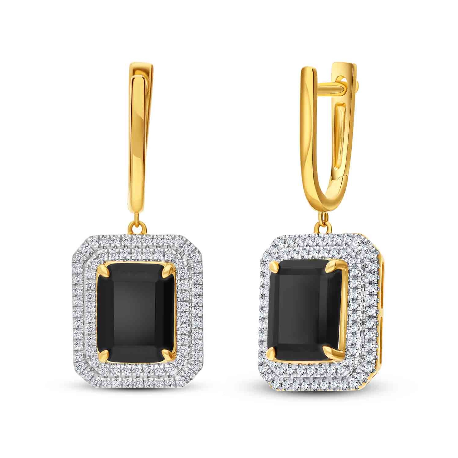 Złote wiszące kolczyki z diamentami i czarnym agatem Złote wiszące kolczyki z diamentami i czarnym agatem