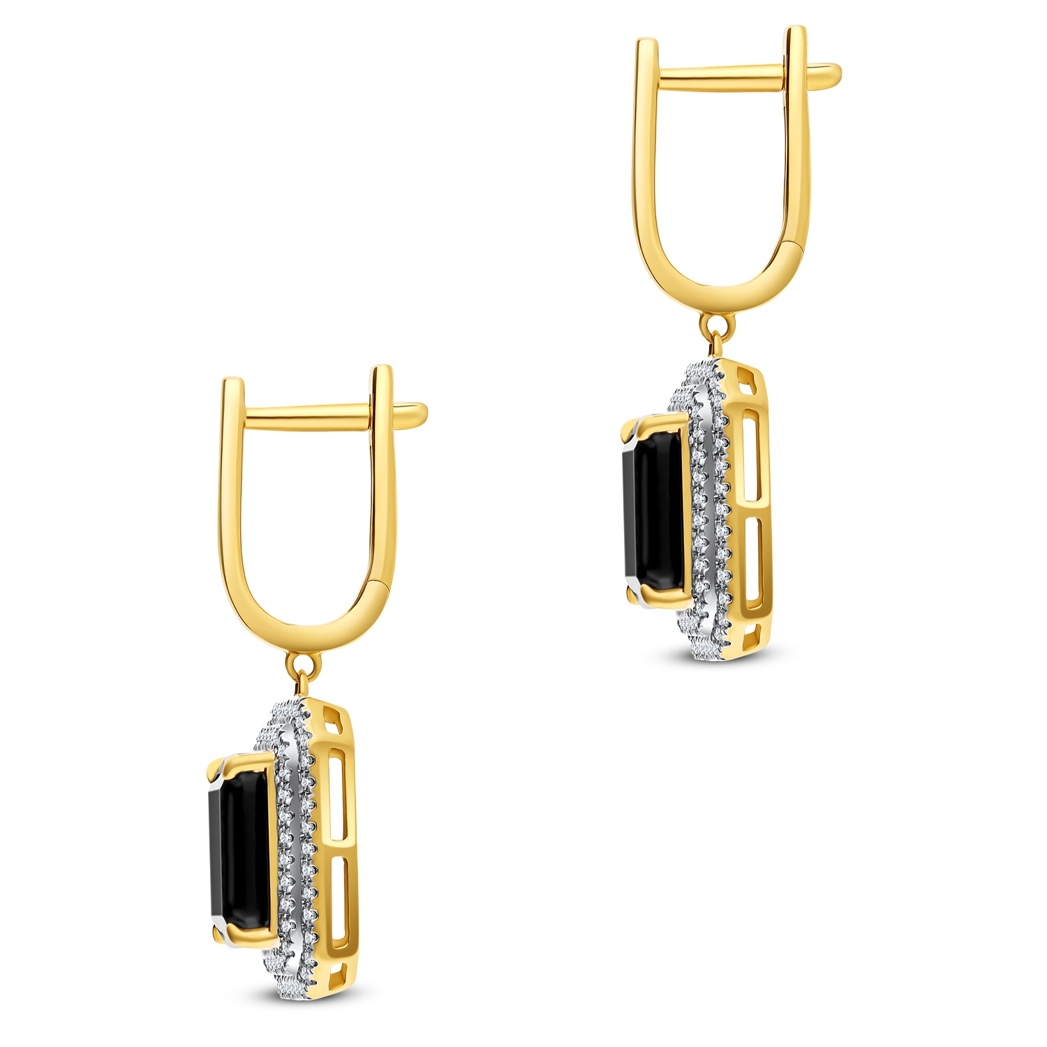 Kolczyki z czarnym agatem i diamentami, angielskie zapięcie, złoto 585 Kolczyki z czarnym agatem i diamentami, angielskie zapięcie, złoto 585