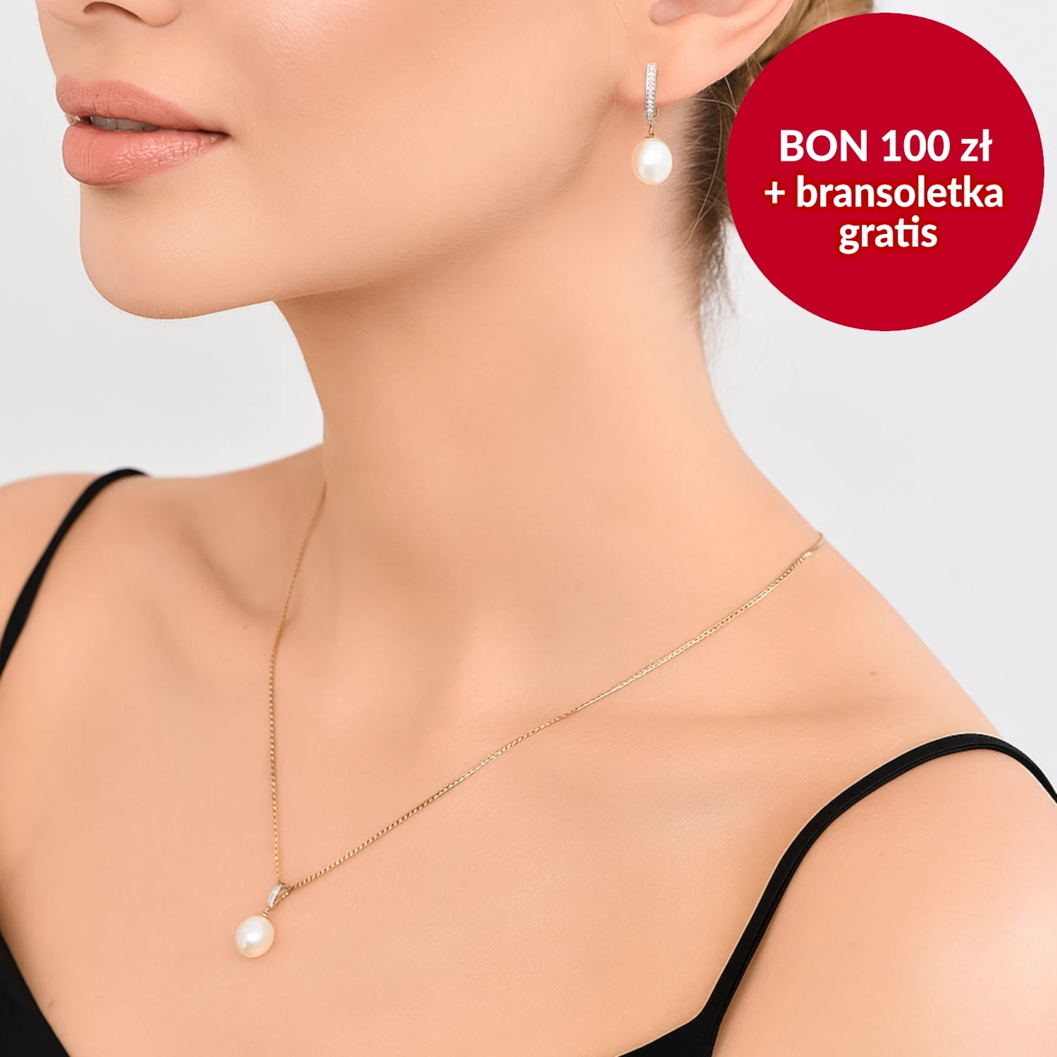 Kolczyki i zawieszka z perłą i diamentami, żółte złoto, zestaw Świąteczny