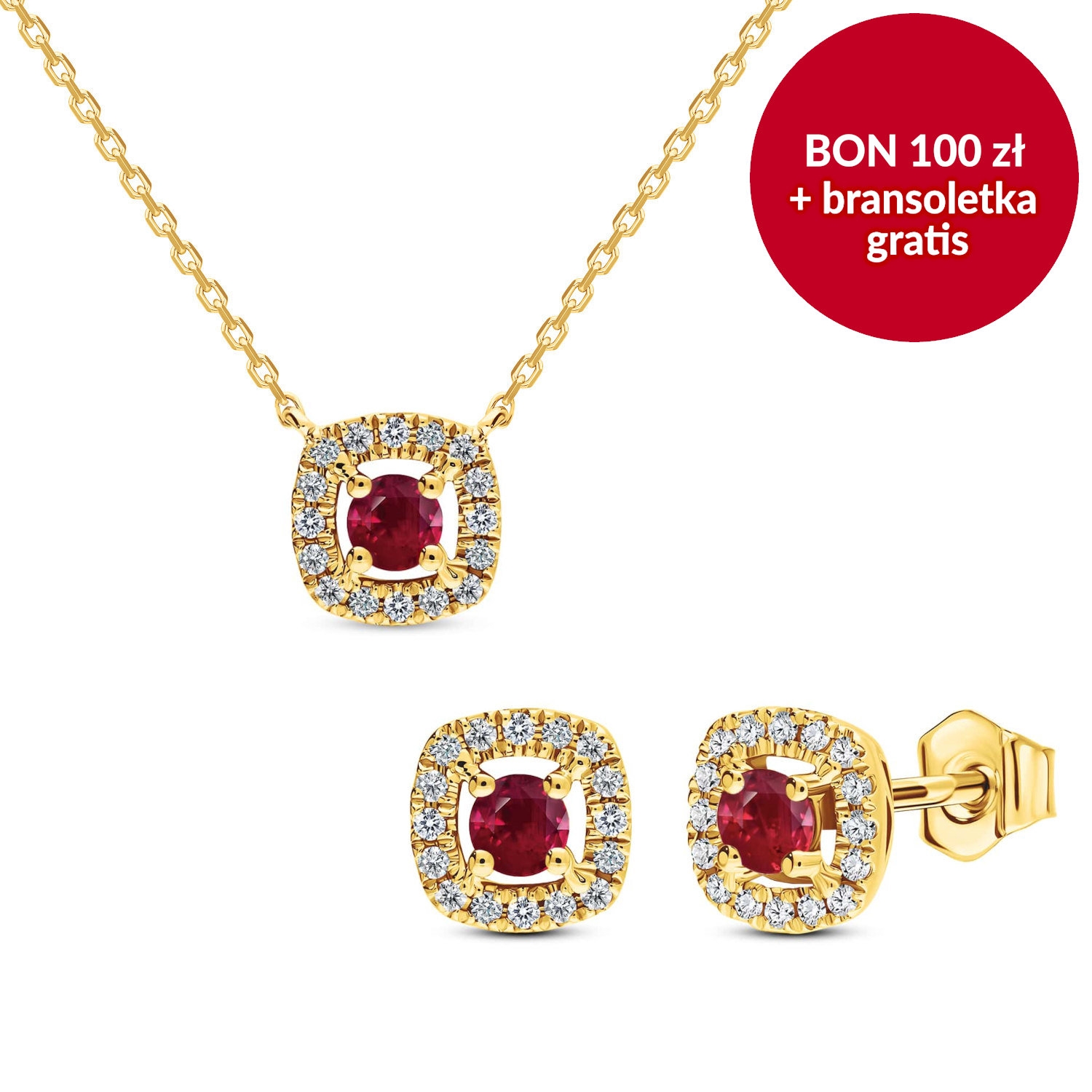 Kolczyki i naszyjnik z rubinem i diamentami, żółte złoto, zestaw Świąteczny