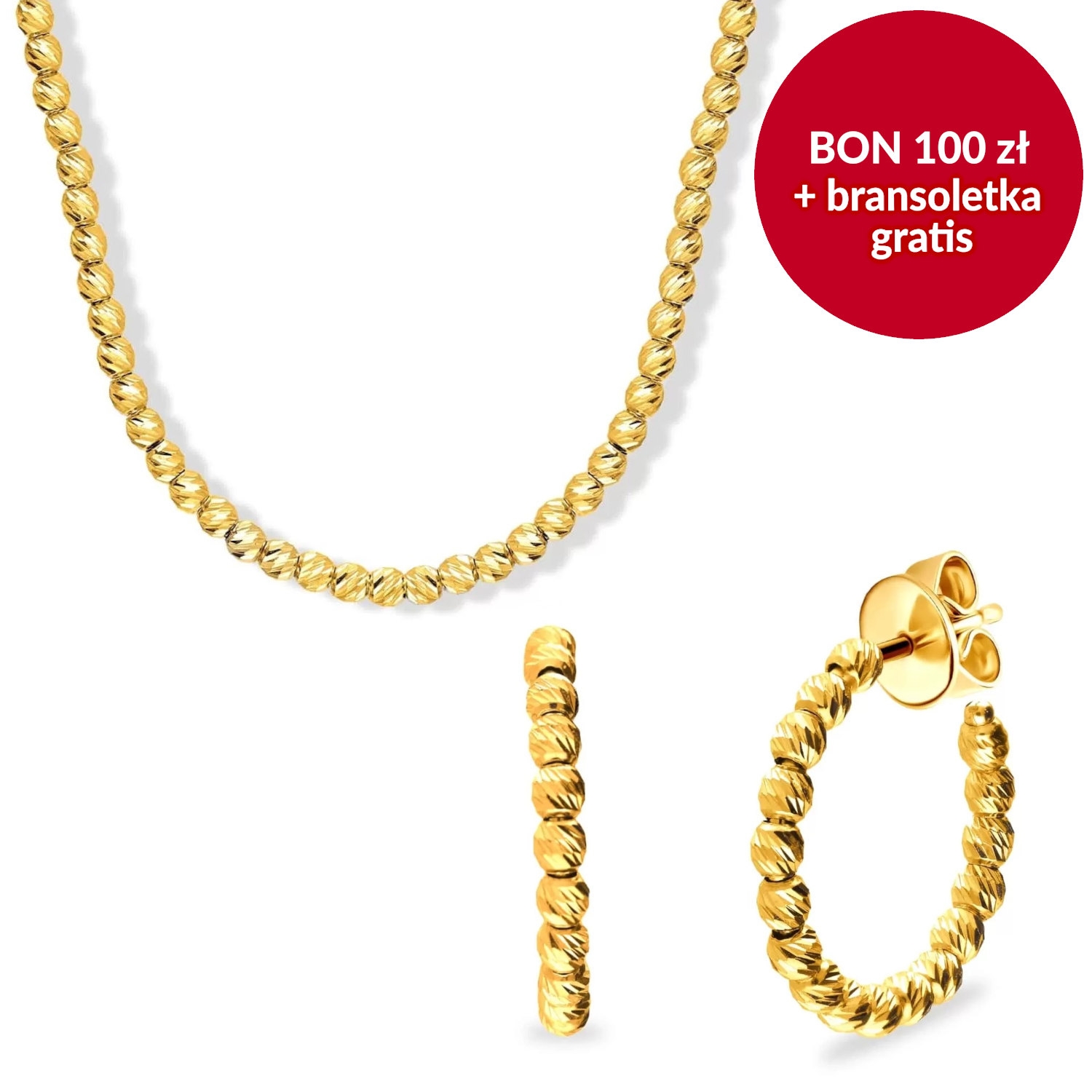 Naszyjnik i kolczyki kulki nacinane, złoto żółte, zestaw Świąteczny