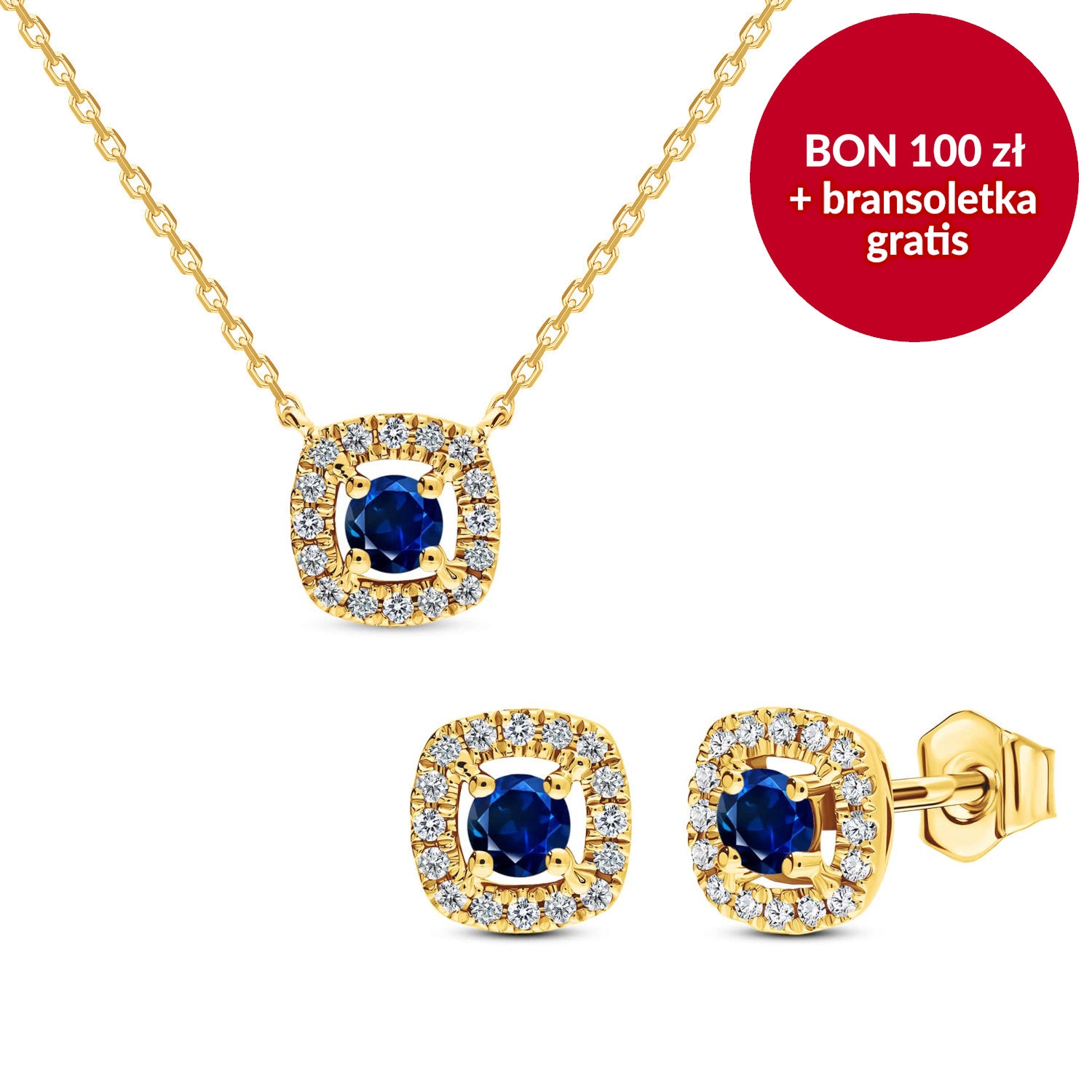 Kolczyki i naszyjnik z szafirem i diamentami, żółte złoto, zestaw Świąteczny