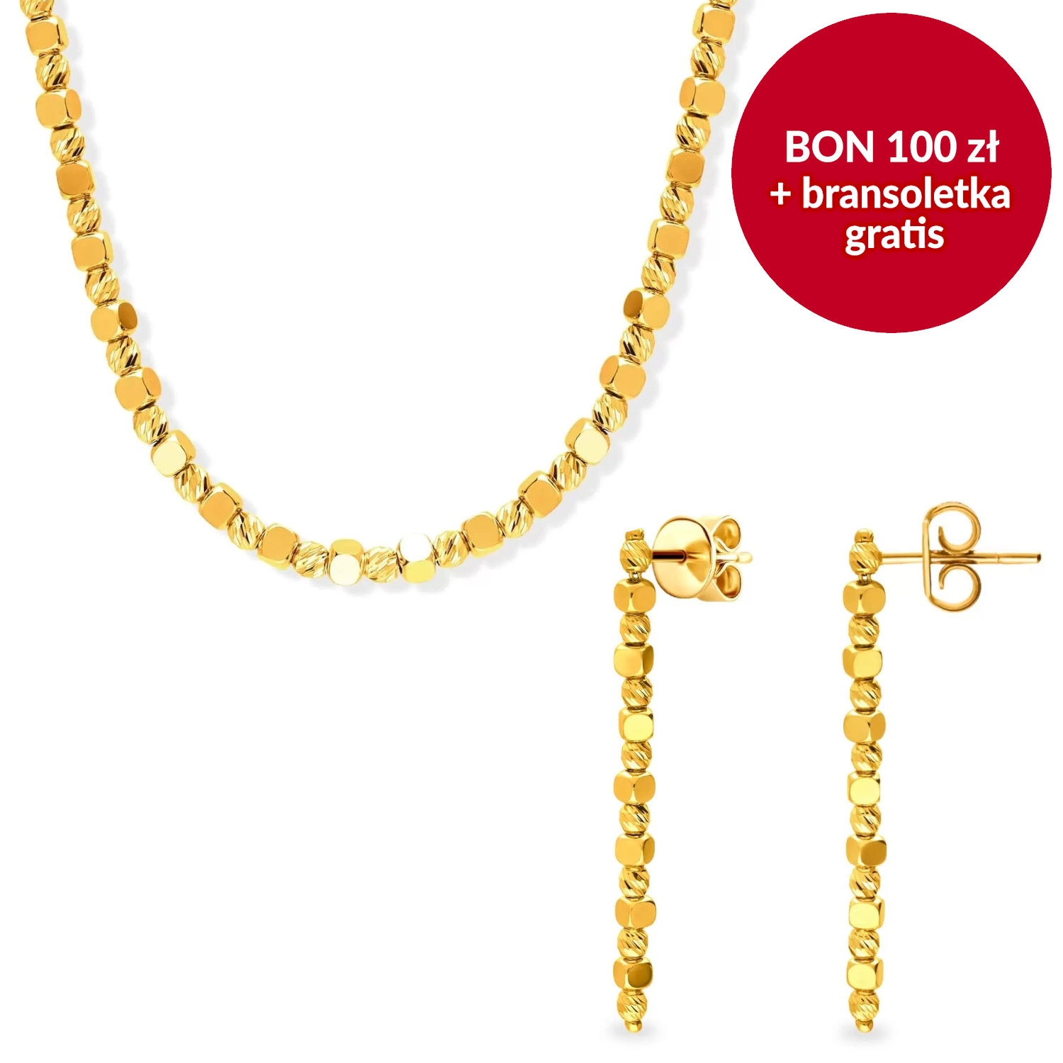 Naszyjnik i kolczyki kulka kostka, złoto żółte, zestaw Świąteczny