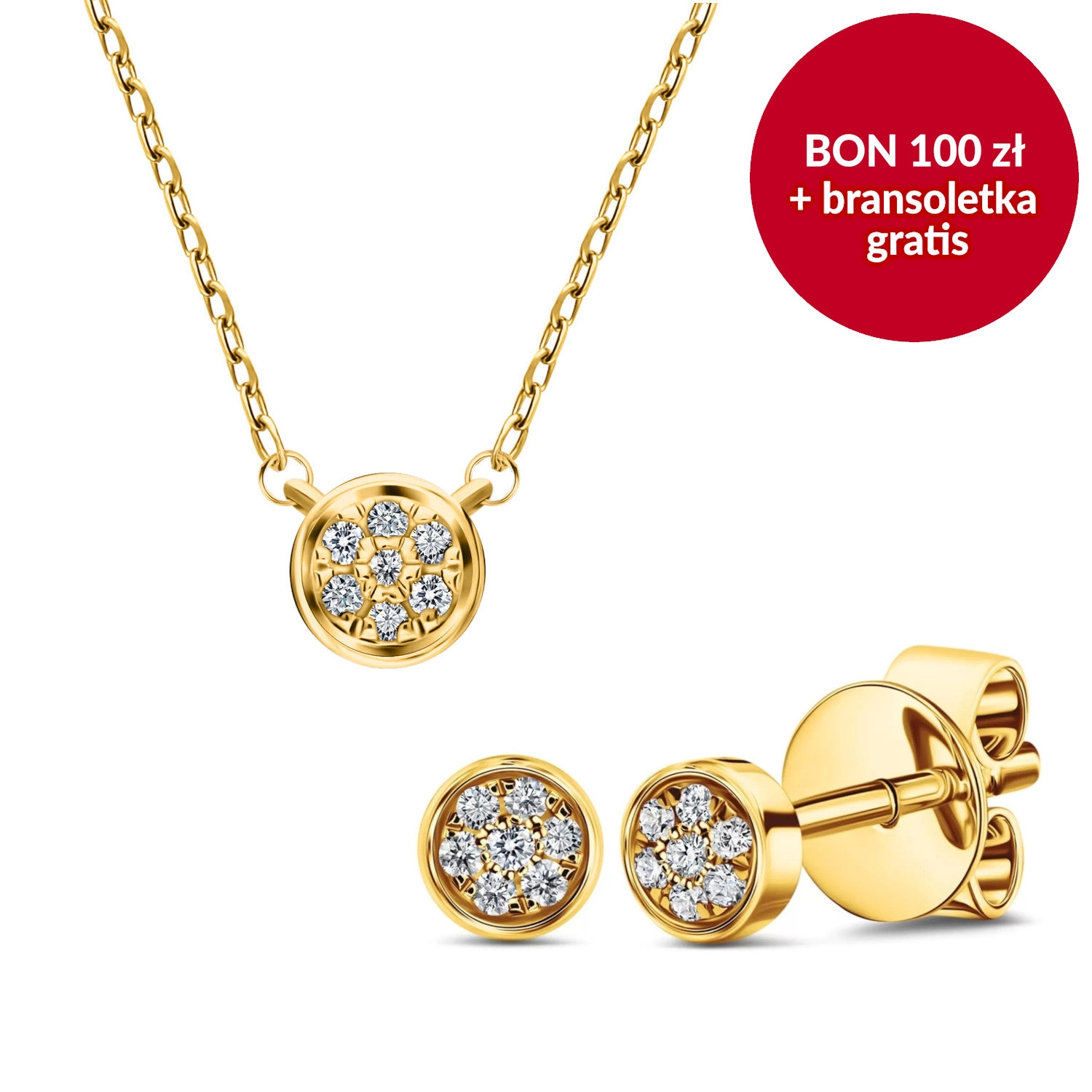 Złoty naszyjnik i kolczyki, diamenty, żółte złoto, zestaw Świąteczny