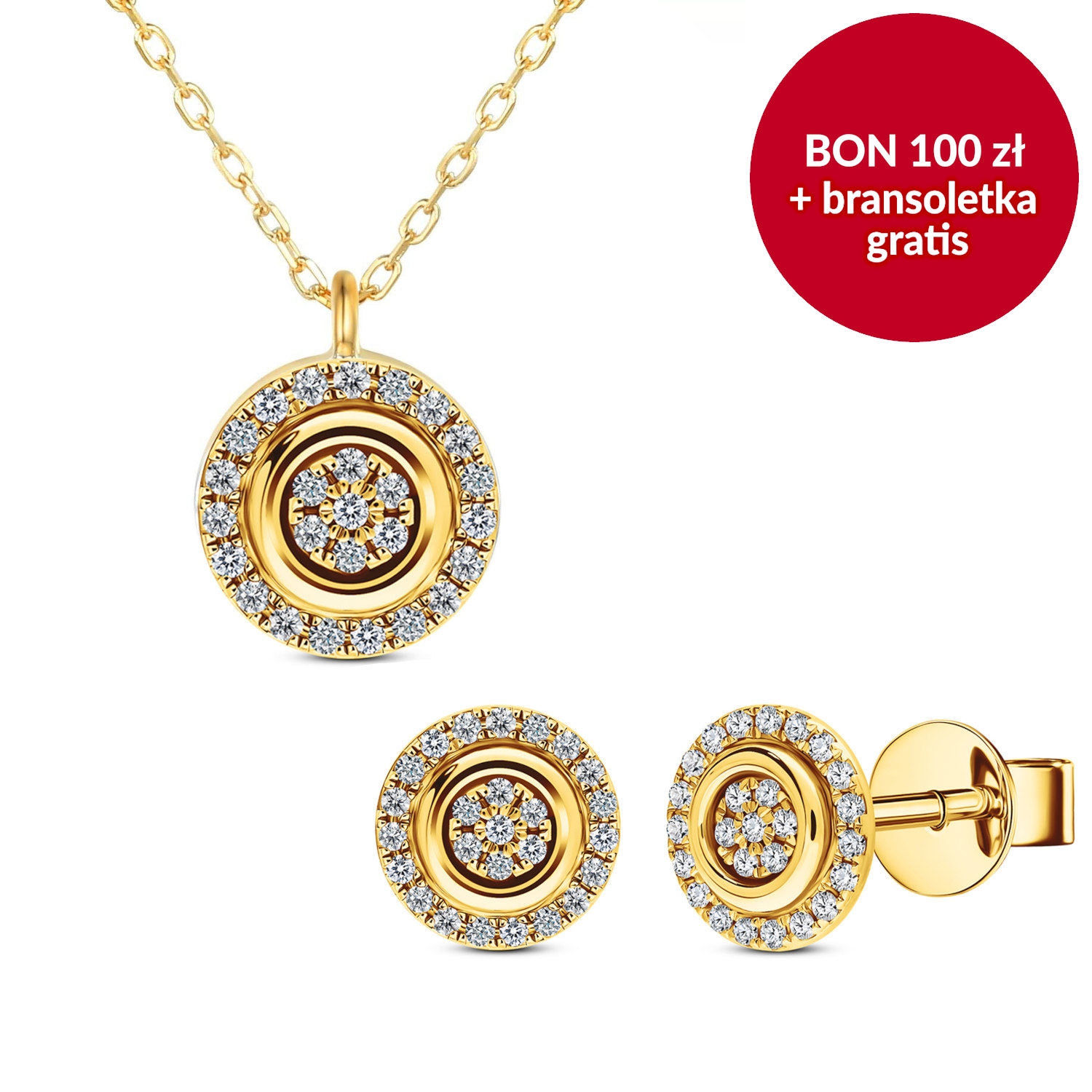 Kolczyki i naszyjnik z diamentami, złoto żółte, zestaw Świąteczny