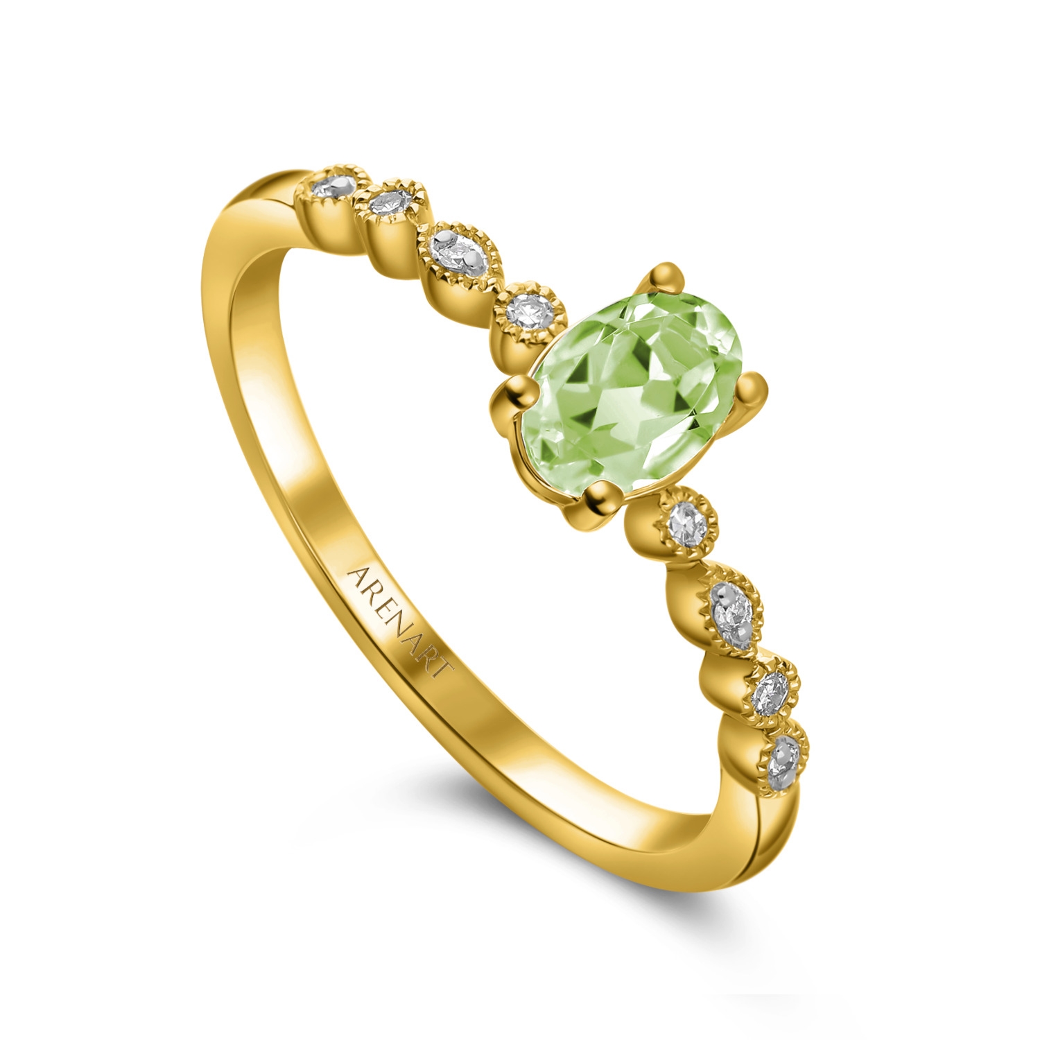 Złoty pierścionek z zielonym ametystem i diamentami, żółte złoto