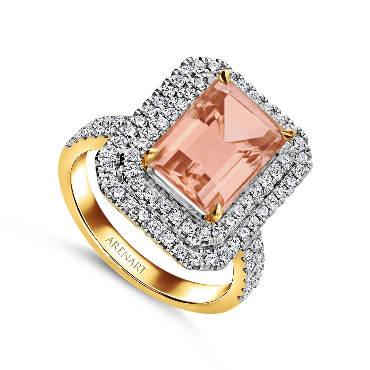 Pierścionek złoty z diamentami i morganitem, żółte złoto