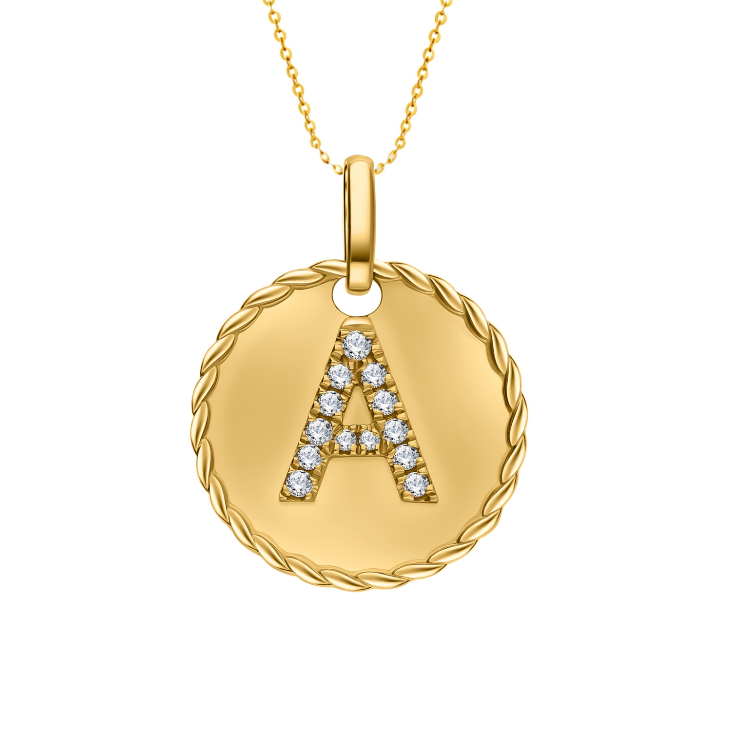 Okrągła złota zawieszka z literą A, diamenty, złoto 585