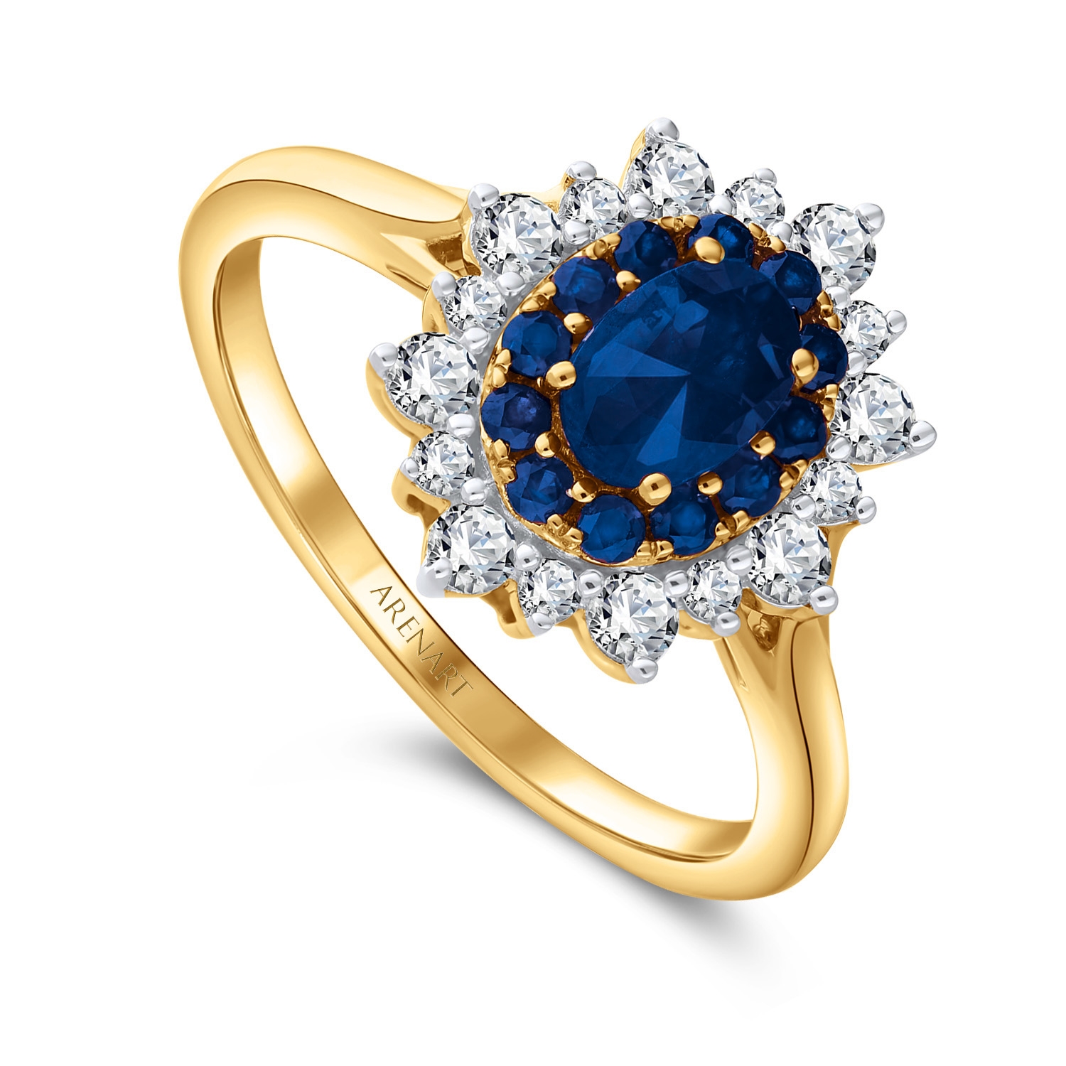 Pierścionek złoty z diamentami i szafirami, żółte złoto