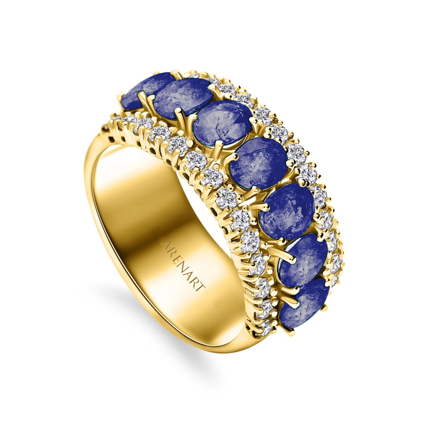 Szeroki pierścionek z tanzanitami i diamentami, żólte złoto