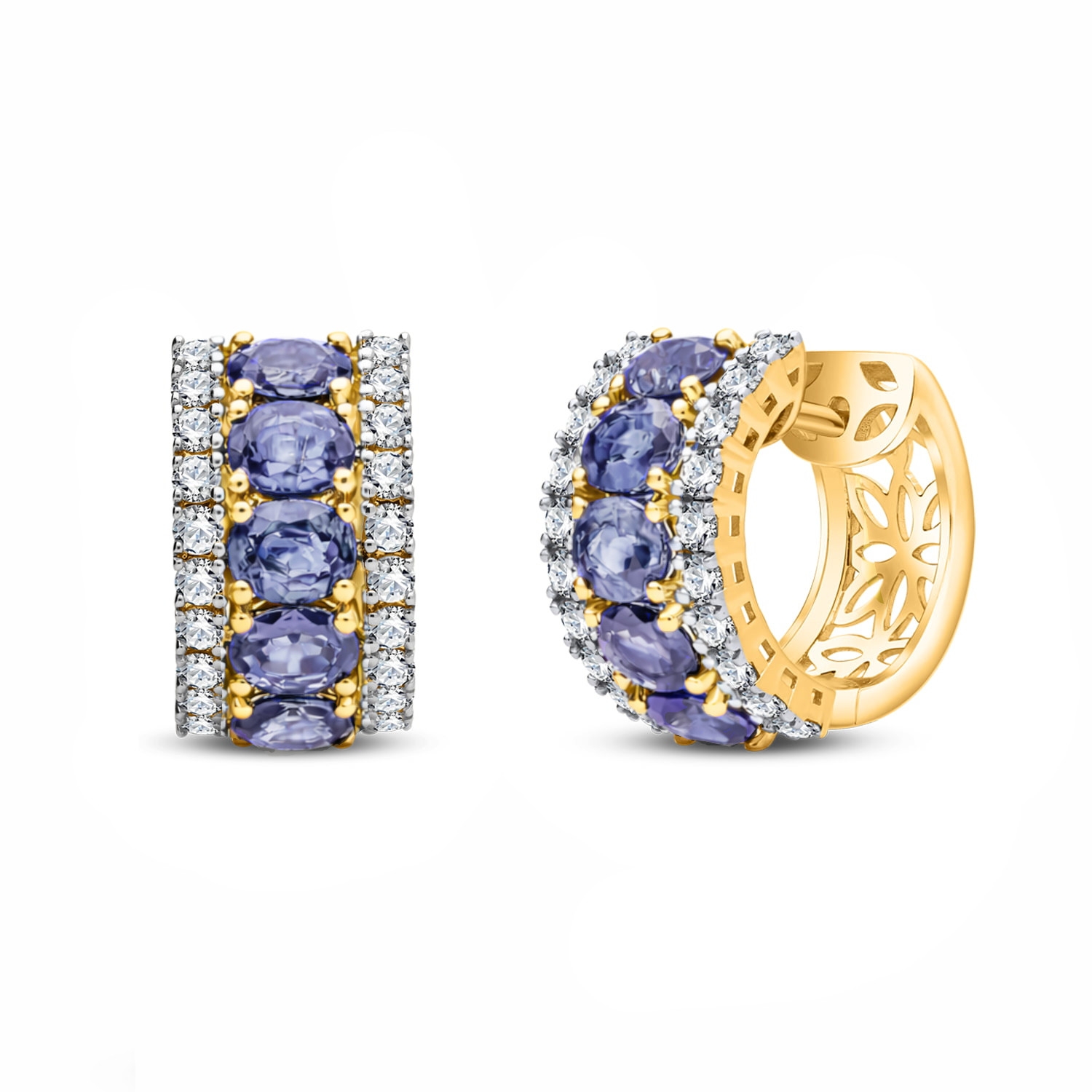 Kolczyki z tanzanitami i diamentami, szerokie koła, żółte złoto