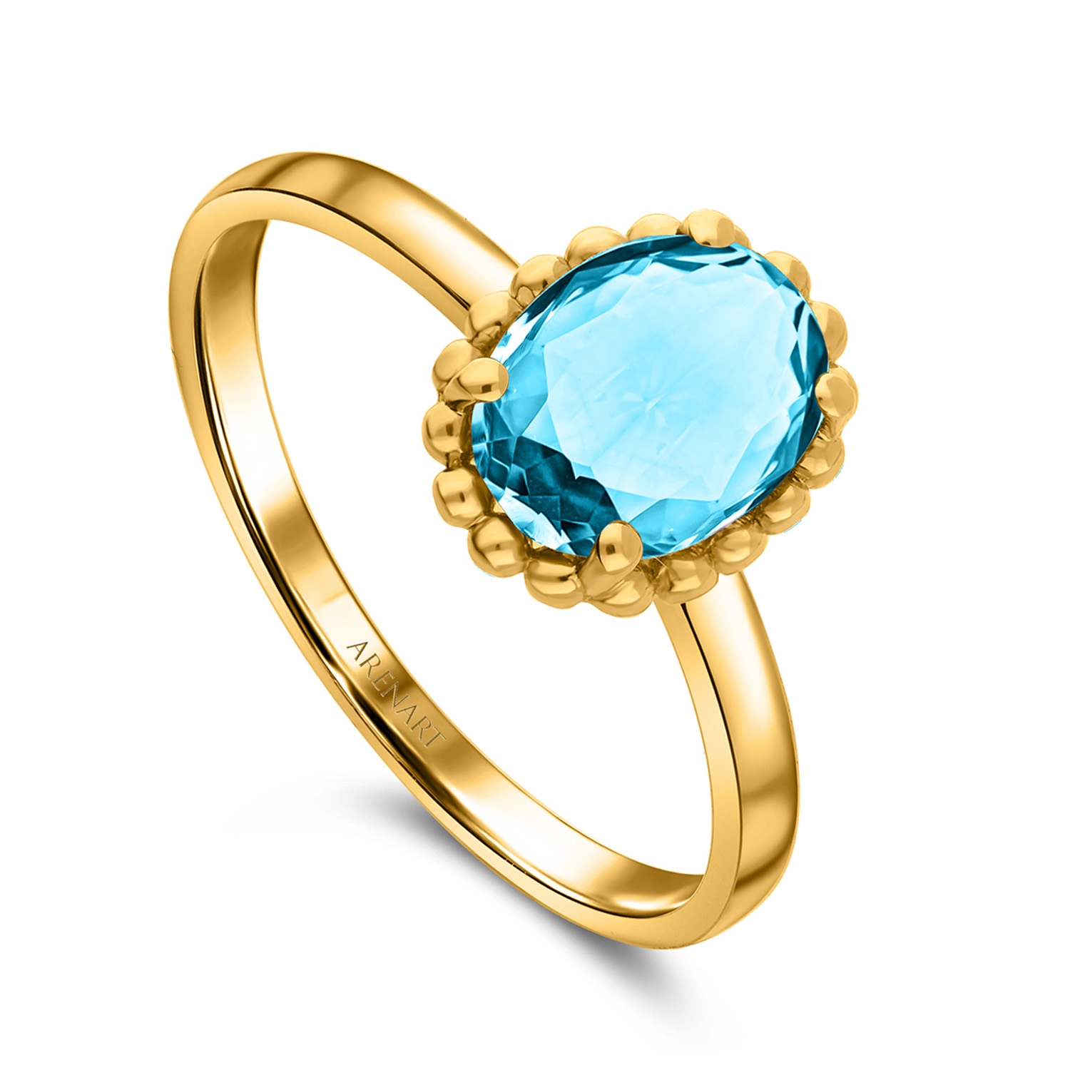 Złoty pierścionek z niebieskim topazem, żółte złoto próby 585