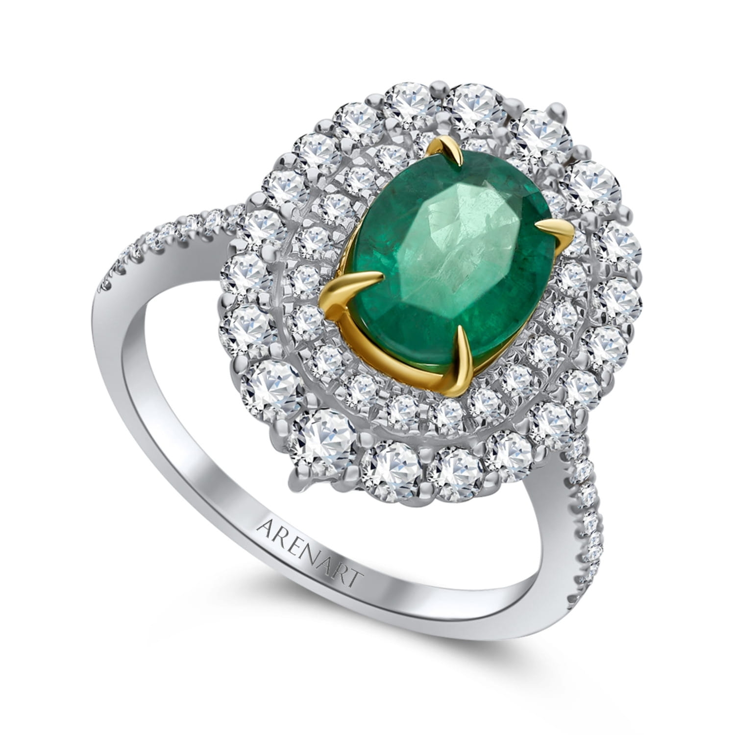 Pierścionek ze szmaragdem i diamentami, białe złoto 750