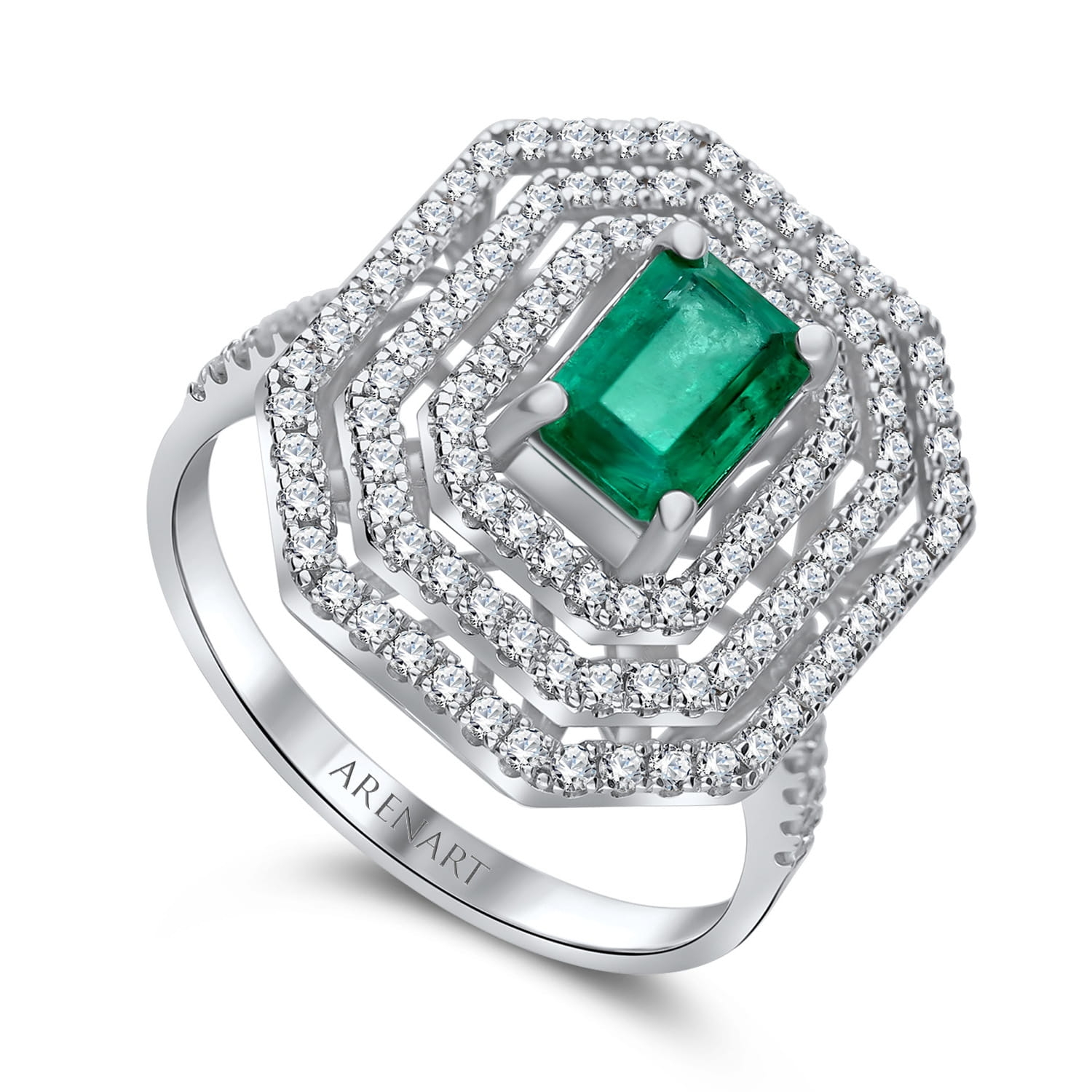 Pierścionek złoty ze szmaragdem i diamentami, białe złoto próby 750