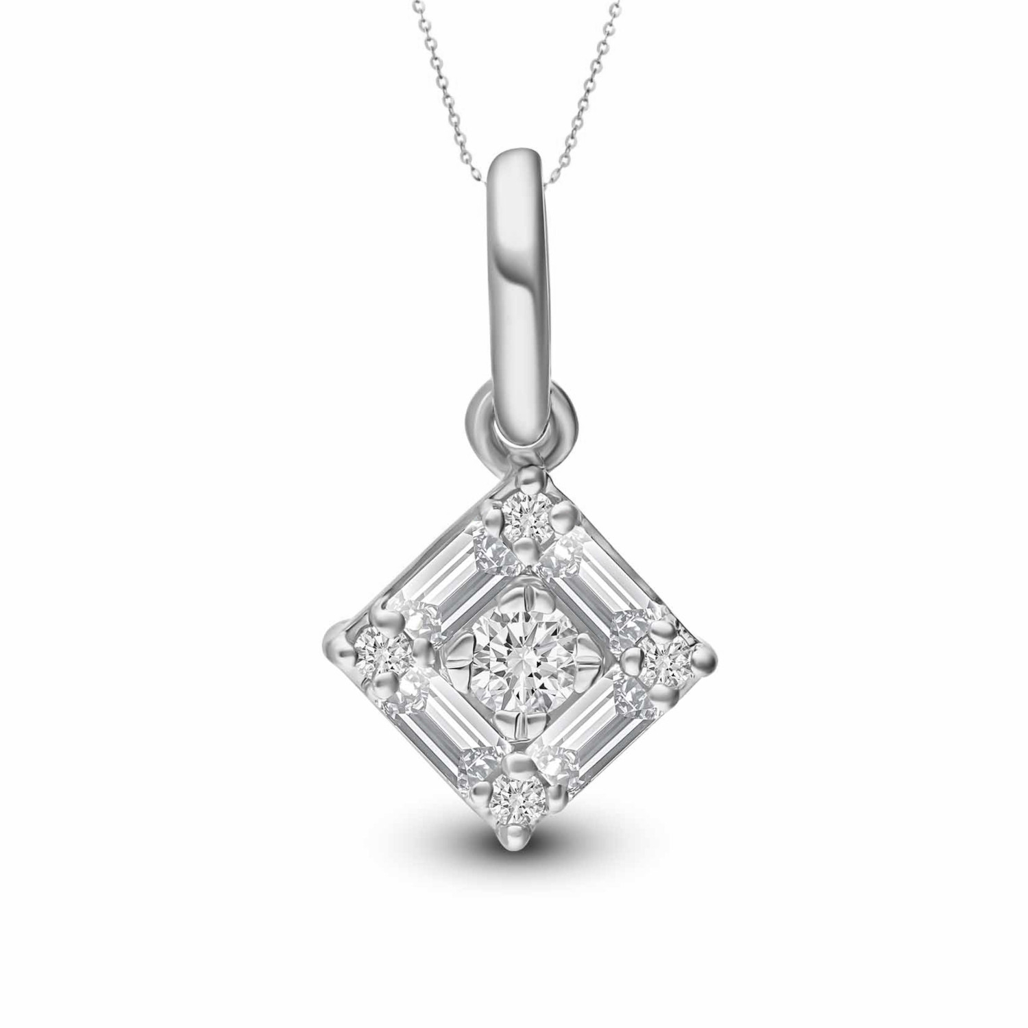 Złota zawieszka romb z diamentami 0,17ct, białe złoto