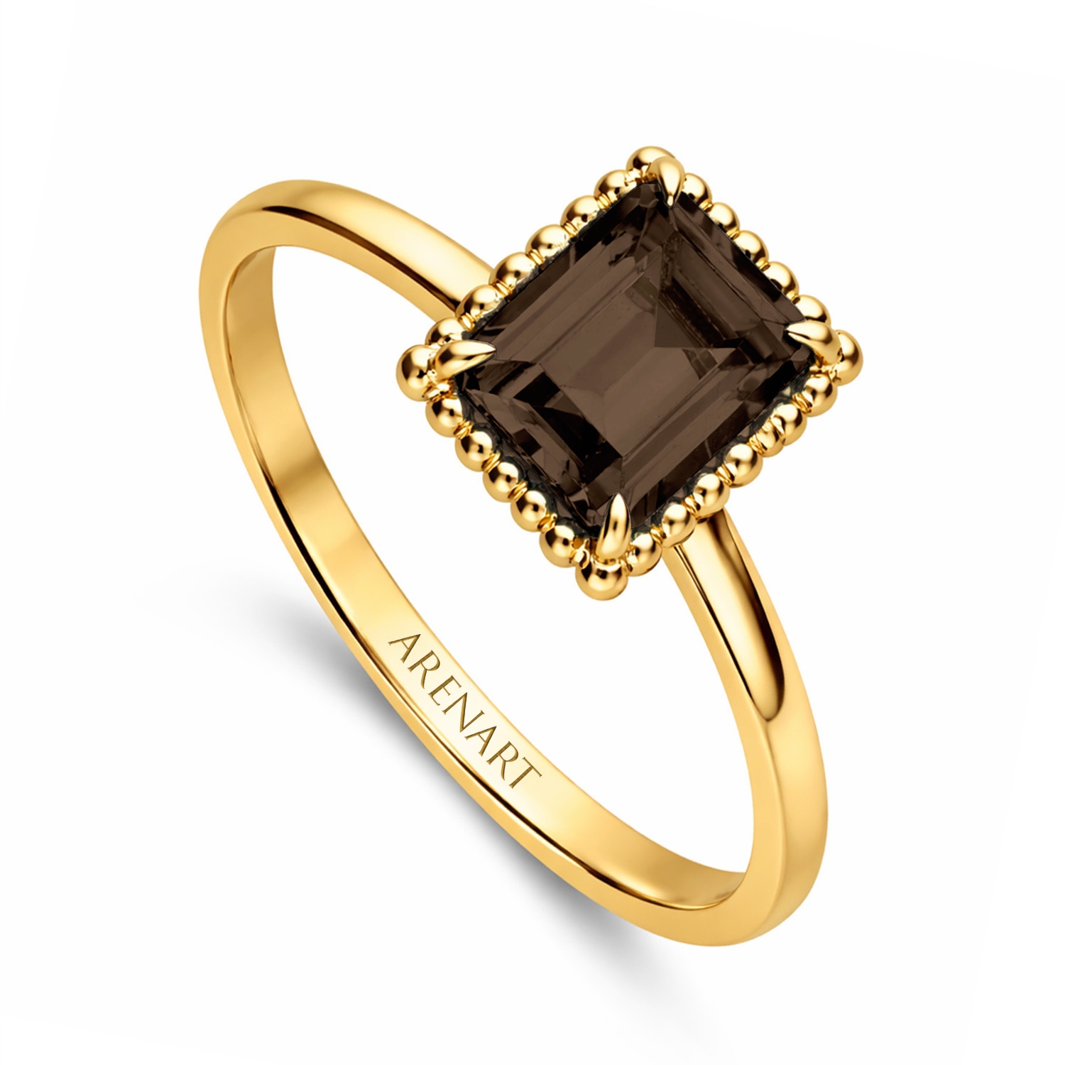 Złoty pierścionek z kwarcem dymnym, żółte złoto próby 585