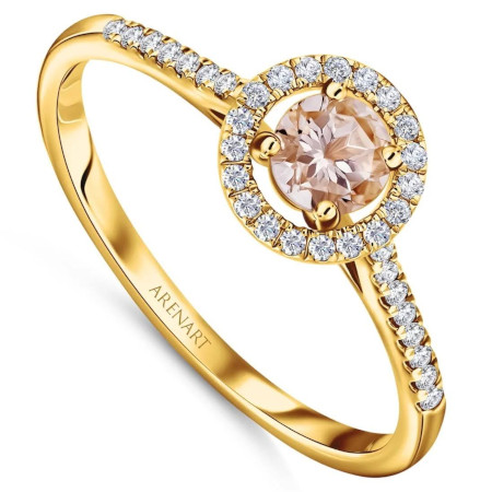 Pierścionek z diamentami i morganitem, żółte złoto