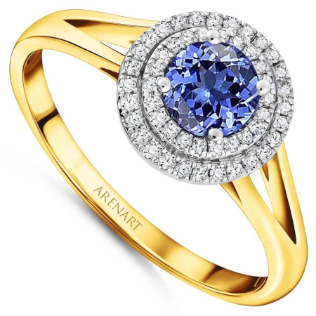 Pierścionek z tanzanitem i diamentami, żółte złoto